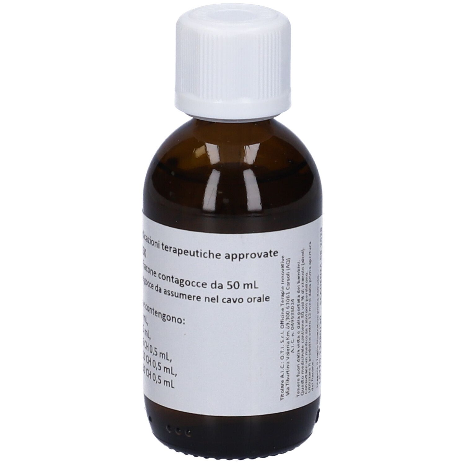 Flacone di vetro marrone con tappo bianco. Etichetta con informazioni sul prodotto. OTIRESK, gocce per mucosa orale.