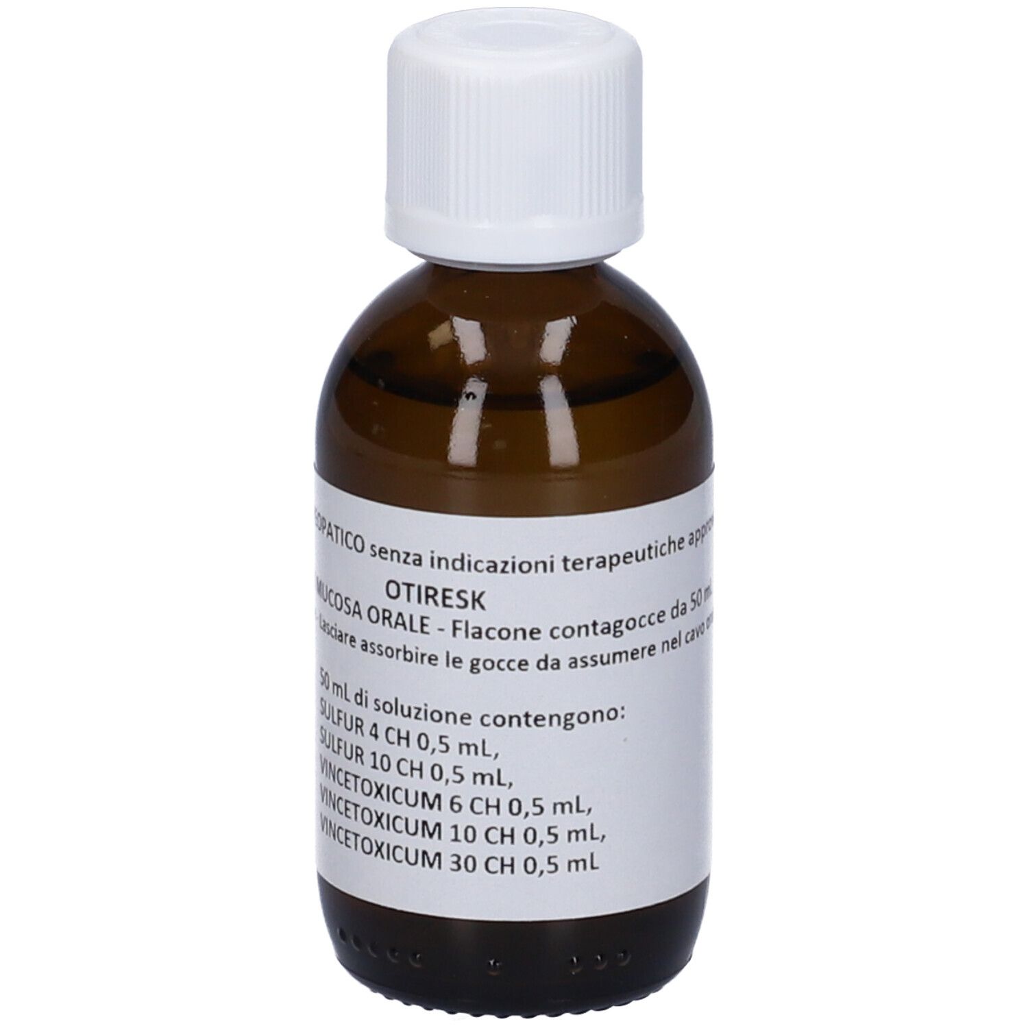 Flacone di vetro marrone con tappo bianco. Etichetta con informazioni sul prodotto. OTIRESK, gocce per mucosa orale.