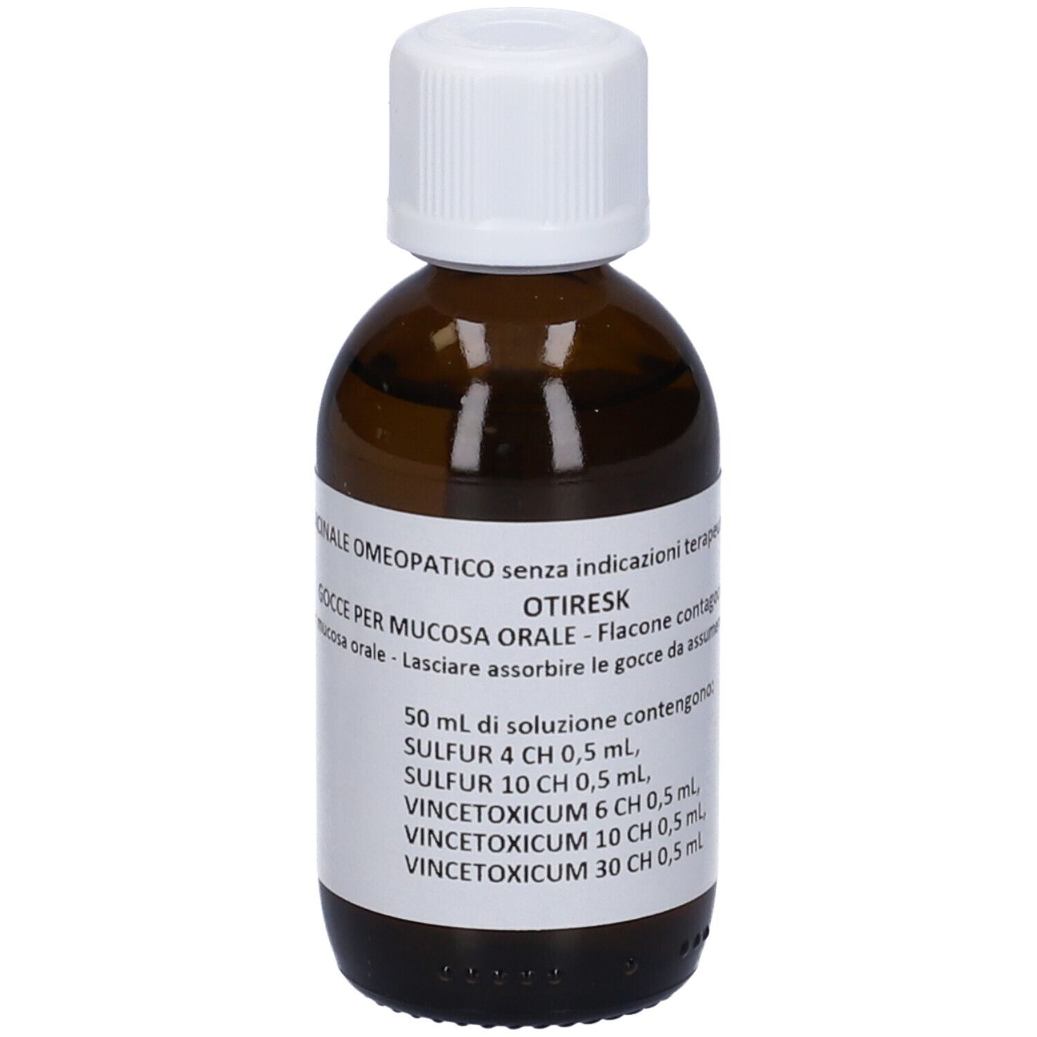 Flacone di vetro marrone con tappo bianco. Etichetta con informazioni sul prodotto. OTIRESK, gocce per mucosa orale.