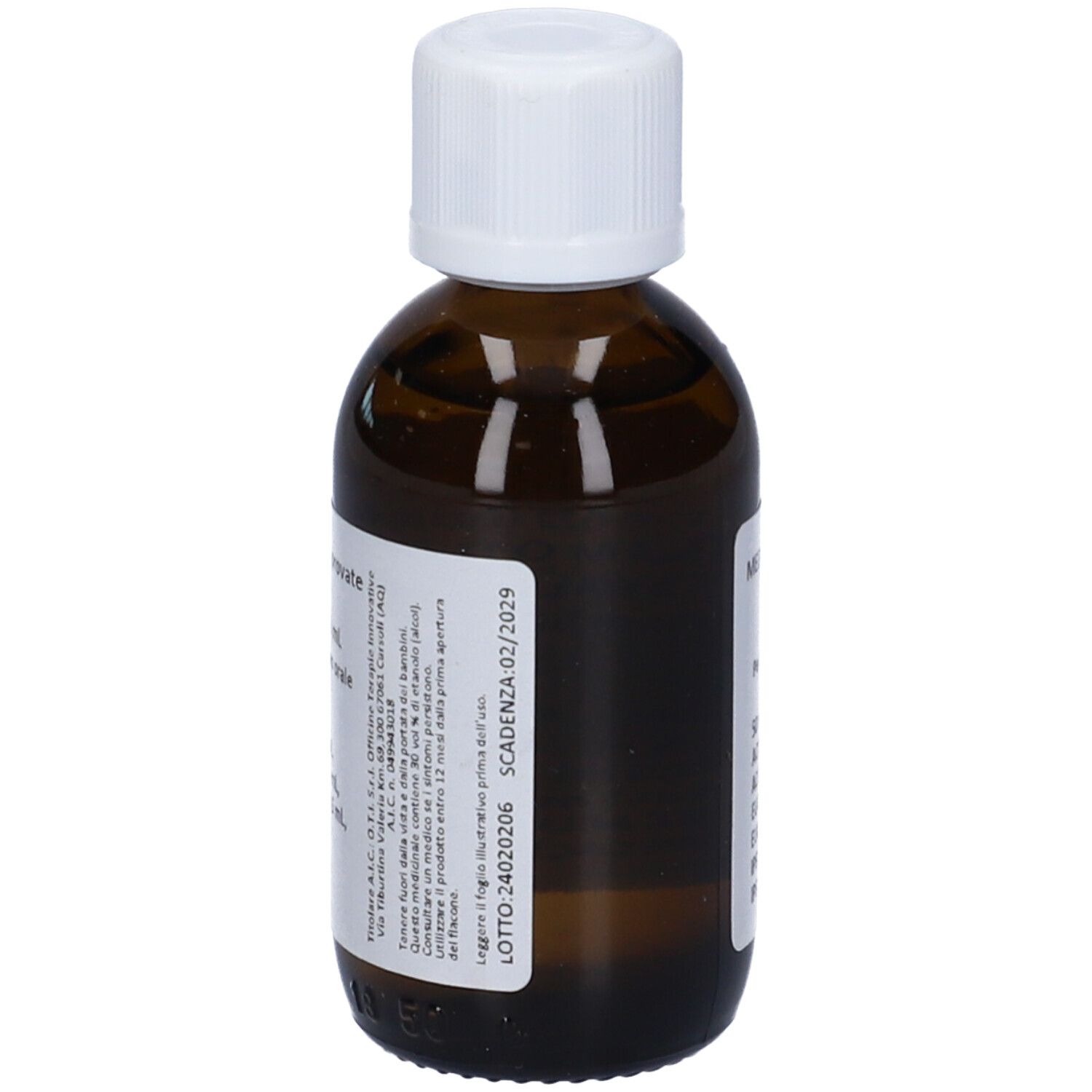 Flacone di vetro marrone con tappo bianco. Etichetta con testo. Prodotto omeopatico.