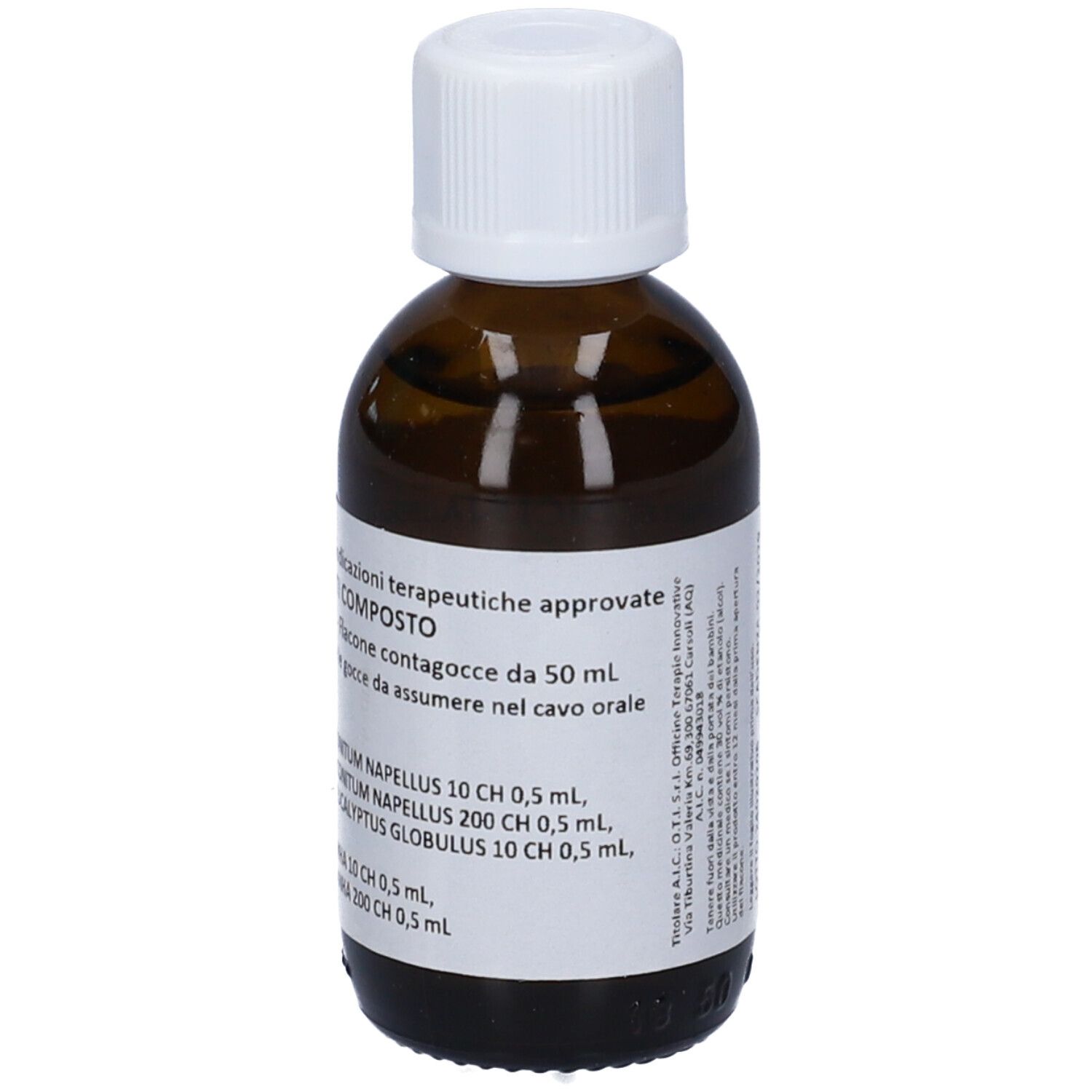 Flacone di vetro marrone con tappo bianco. Etichetta con testo. Prodotto omeopatico.
