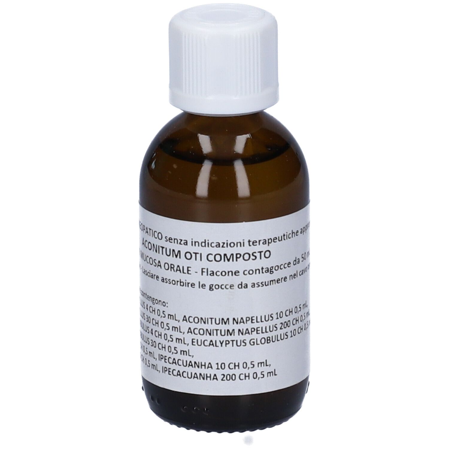 Flacone di vetro marrone con tappo bianco. Etichetta con testo. Prodotto omeopatico.