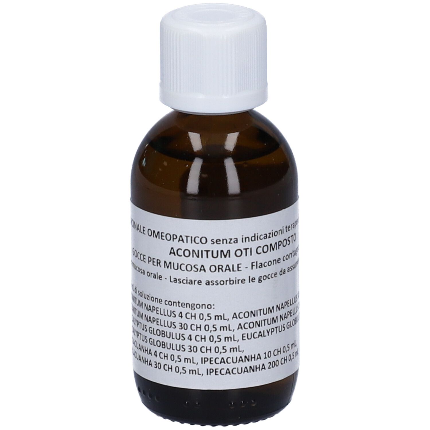 Flacone di vetro marrone con tappo bianco. Etichetta con testo. Prodotto omeopatico.