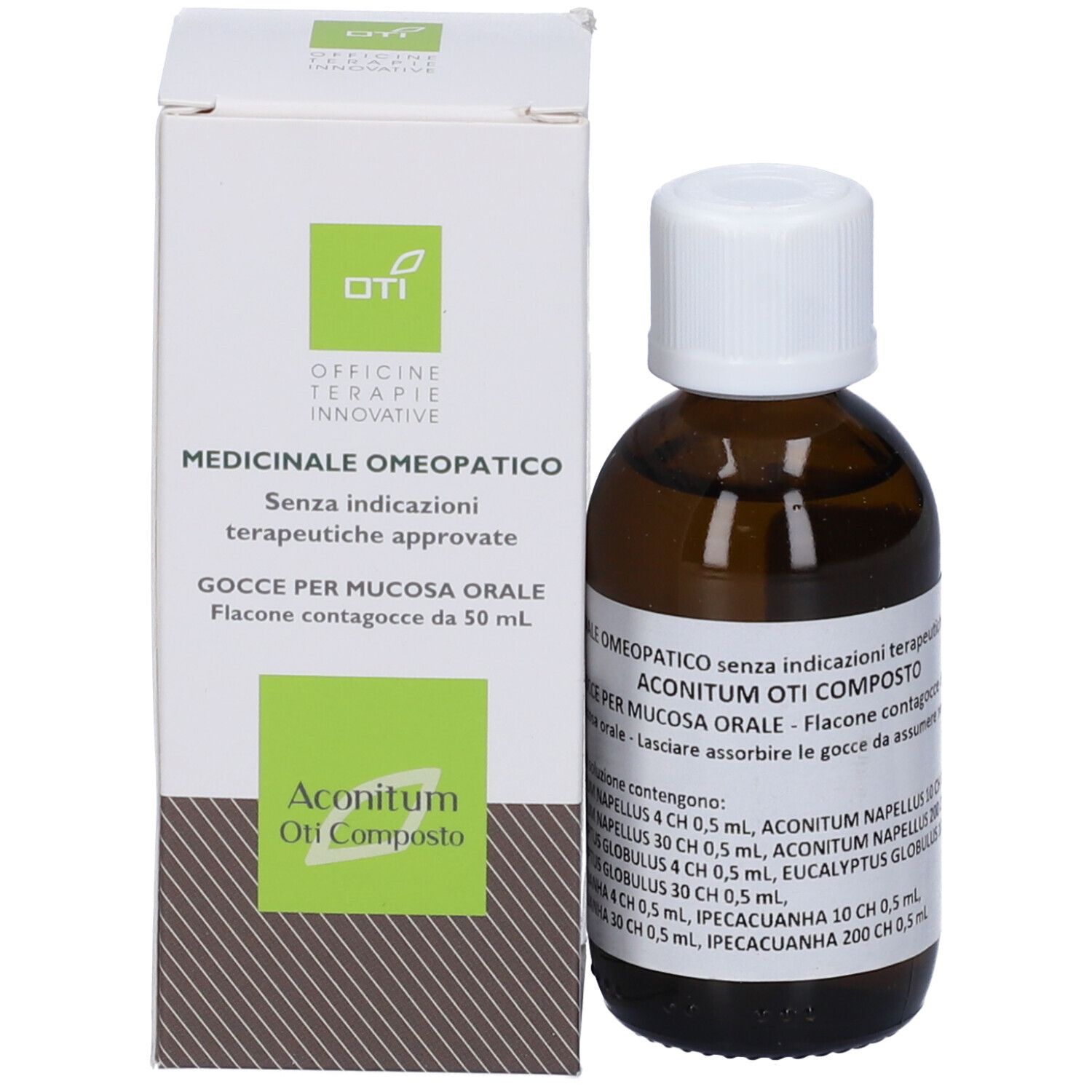 Flacone di vetro marrone con tappo bianco e scatola. Prodotto omeopatico.