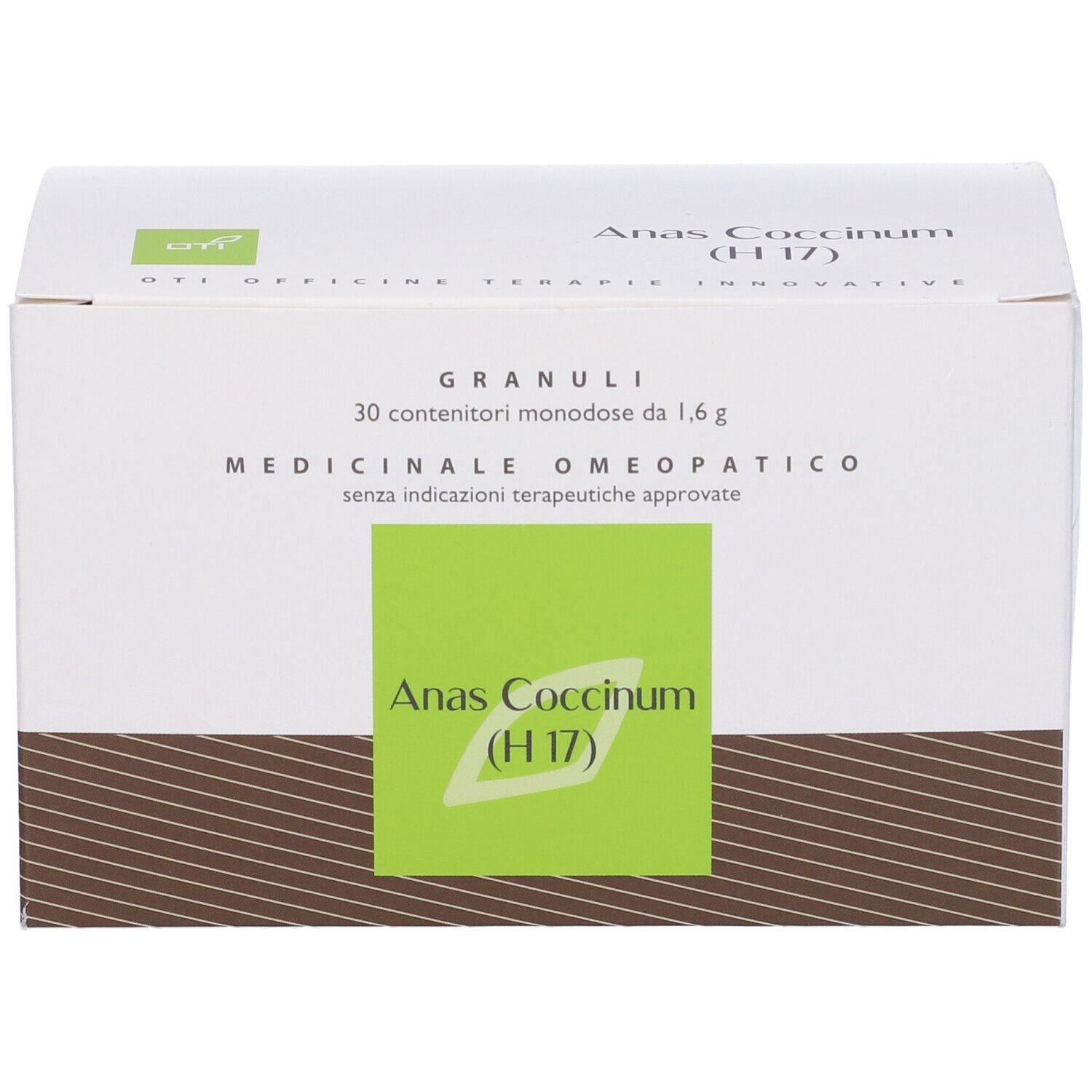 Scatola bianca con logo verde e testo. Scritto: Anas Coccinum (H17) Granuli, 30 monodose. Strisce marroni.