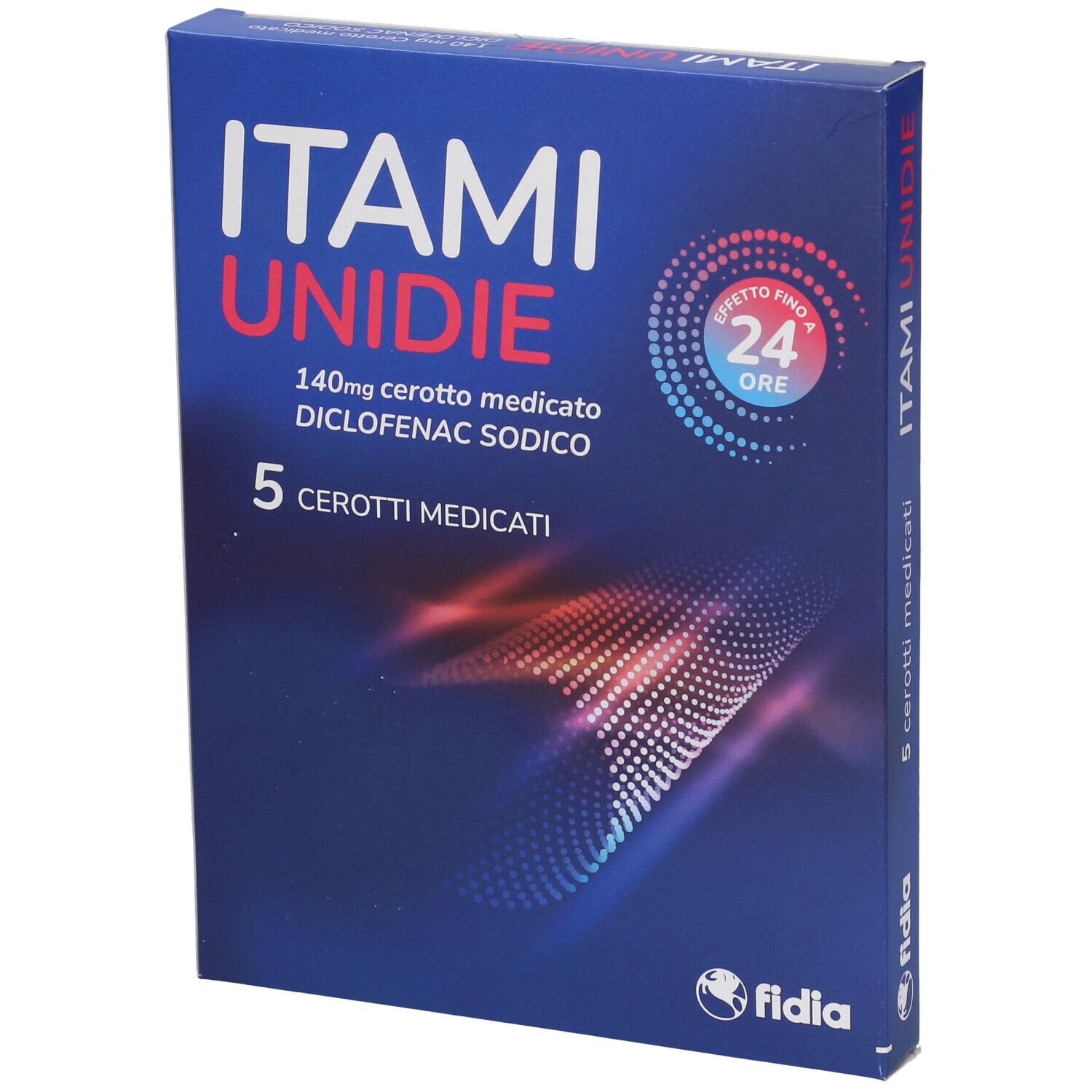 Scatola blu e bianca ITAMI UNIDIE. 5 cerotti medicati. 140mg diclofenac sodico. Effetto 24 ore. Logo Fidia.