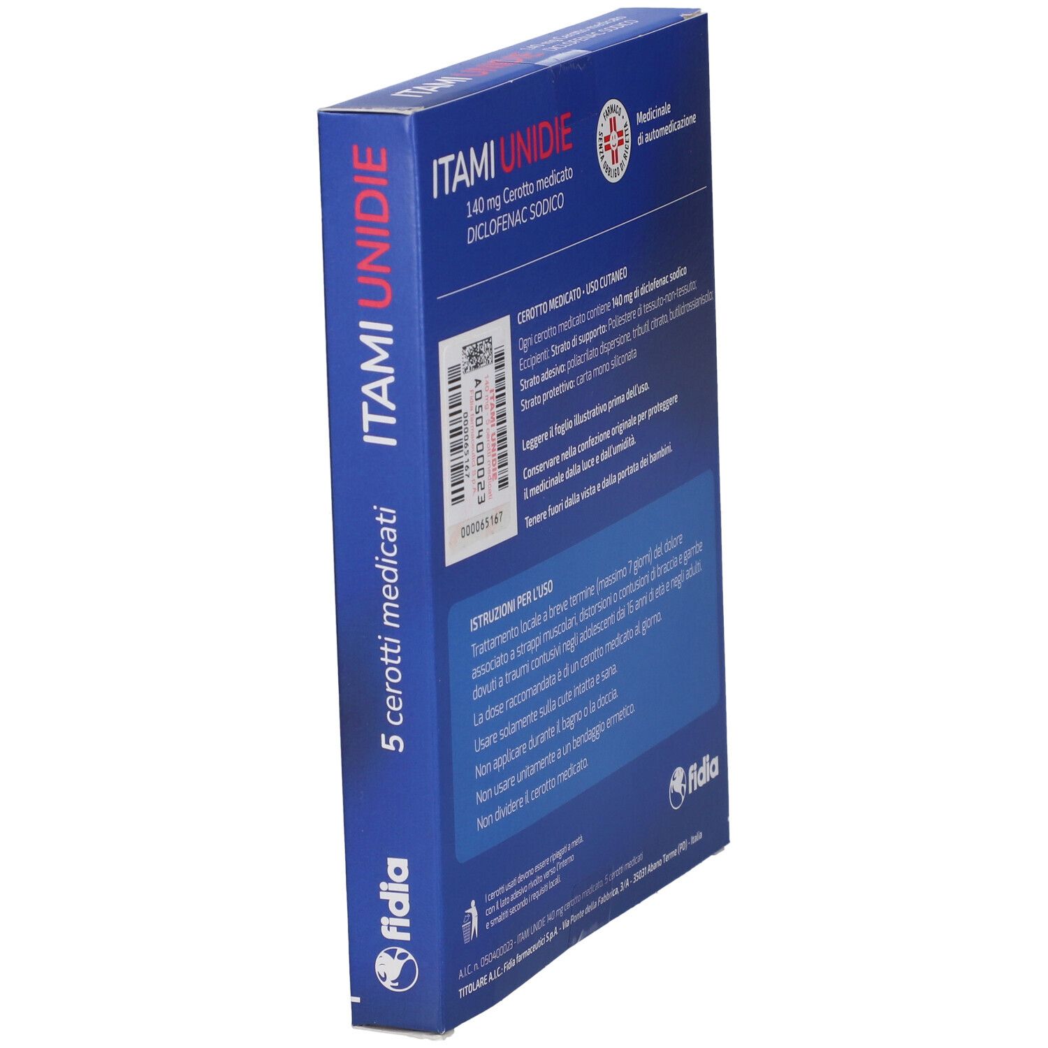 Scatola ITAMI UNIDIE. 5 cerotti medicati. 140mg diclofenac sodico. Logo Fidia. Vista laterale con testo.