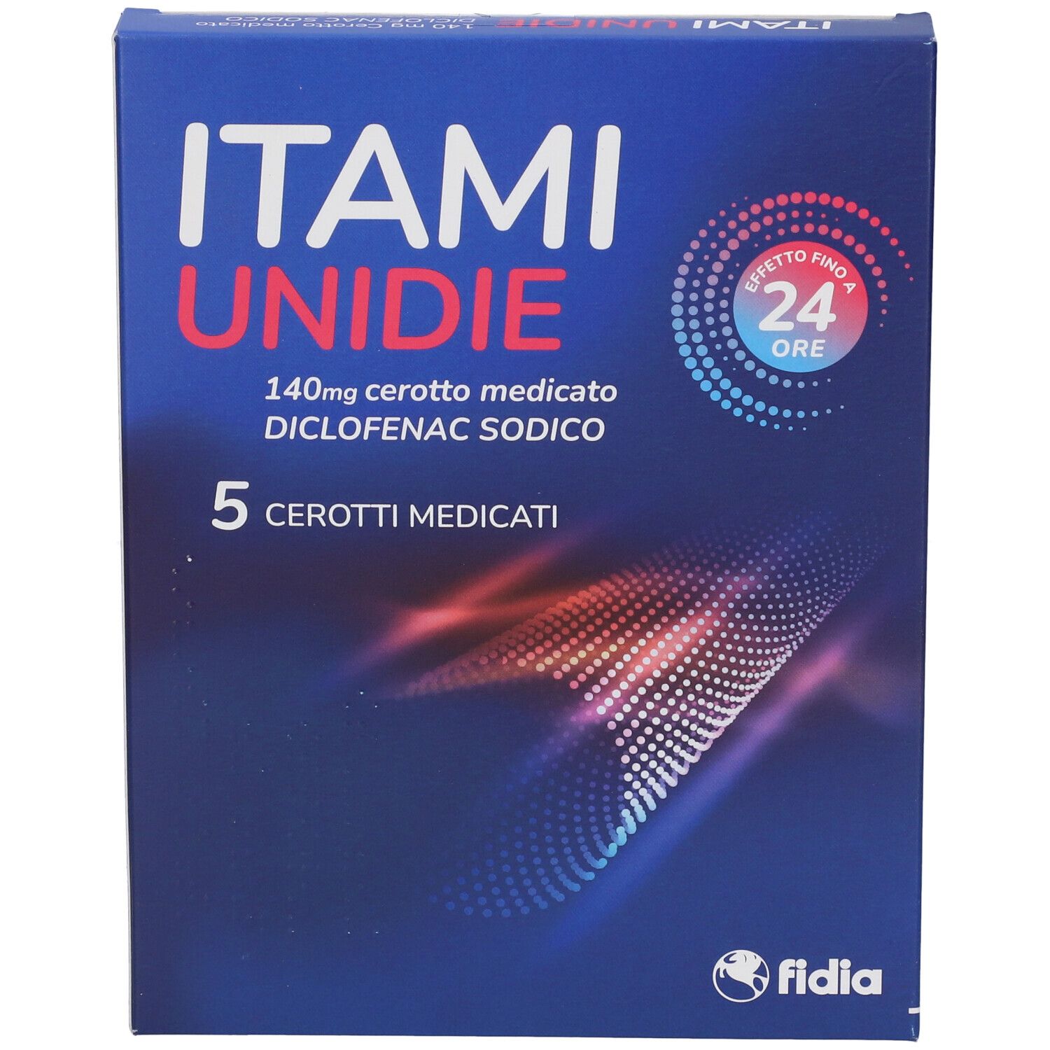 Scatola blu e bianca ITAMI UNIDIE. 5 cerotti medicati. 140mg diclofenac sodico. Effetto 24 ore. Logo Fidia.