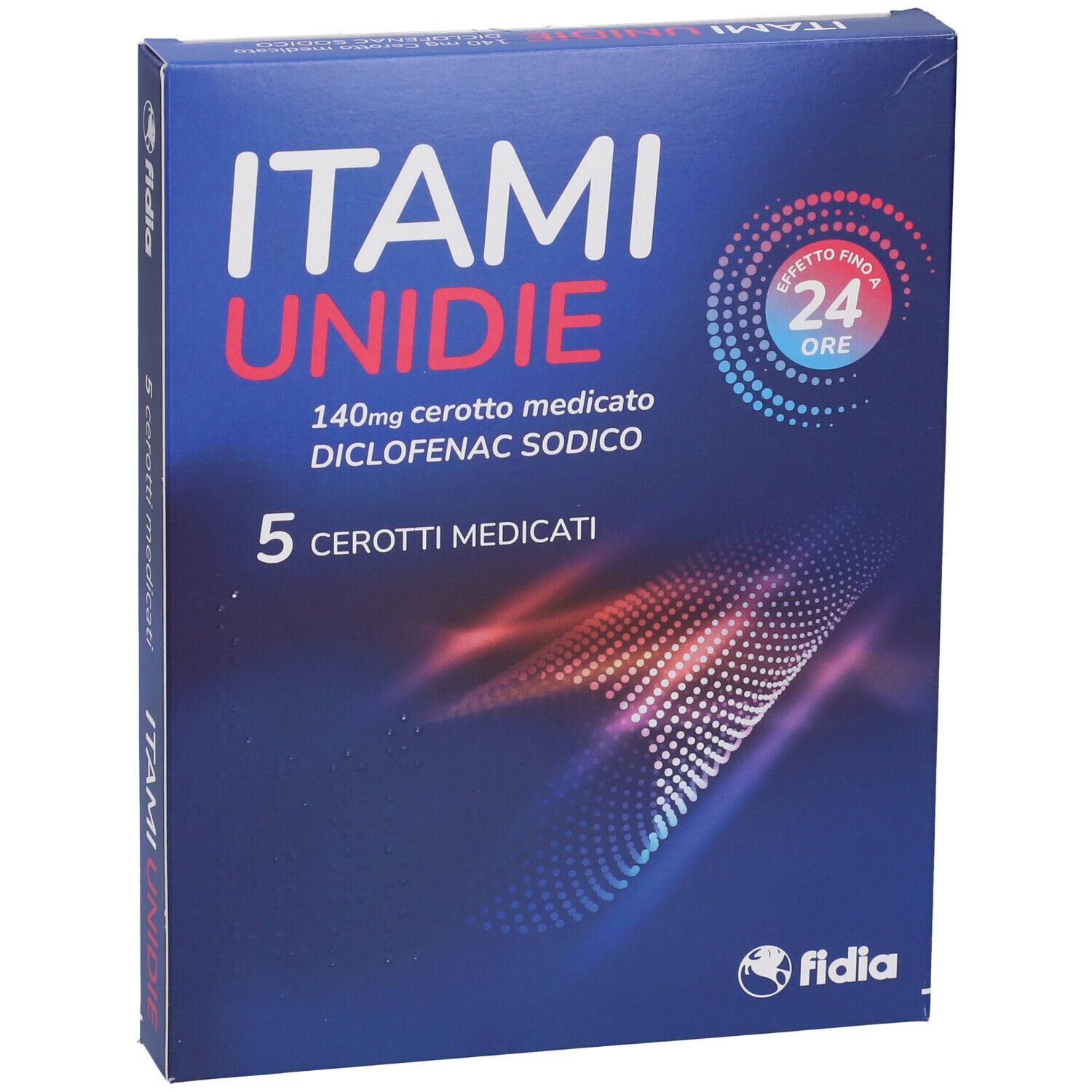 Scatola blu e bianca ITAMI UNIDIE. 5 cerotti medicati. 140mg diclofenac sodico. Effetto 24 ore. Logo Fidia.
