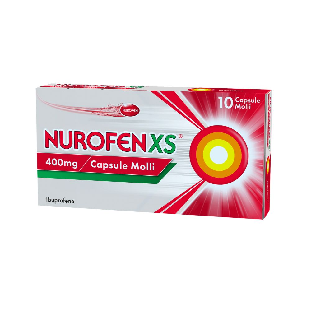 Confezione NurofenXS 400mg. Confezione rossa e bianca con logo e dettagli.