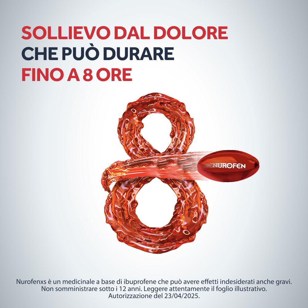 Grafico: numero 8 e capsula. Testo: 'Sollievo dal dolore che può durare fino a 8 ore'.