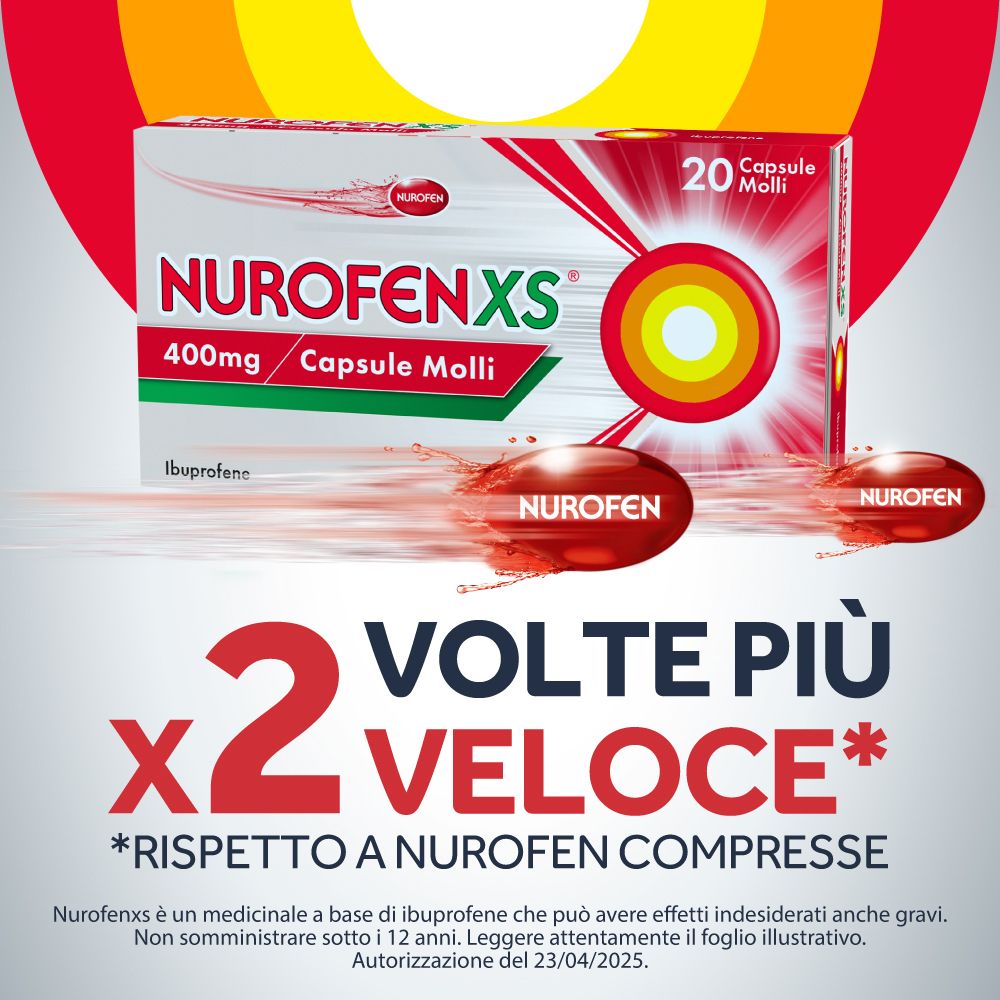 Pubblicità: NurofenXS, 20 capsule. Testo: 2 volte più veloce. Illustrazioni di punti di dolore.