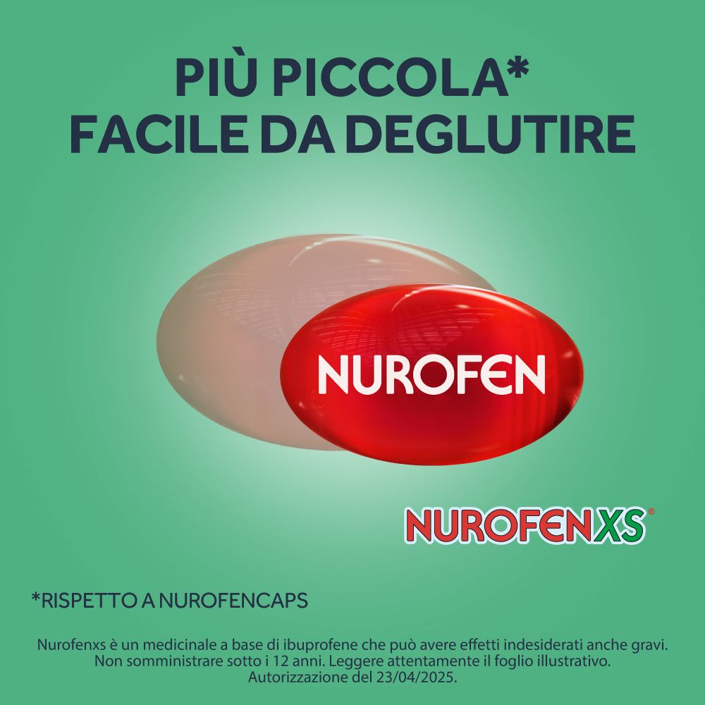 Capsula e NurofenXS. Testo: Più piccola, facile da deglutire. Capsula rossa con testo bianco.