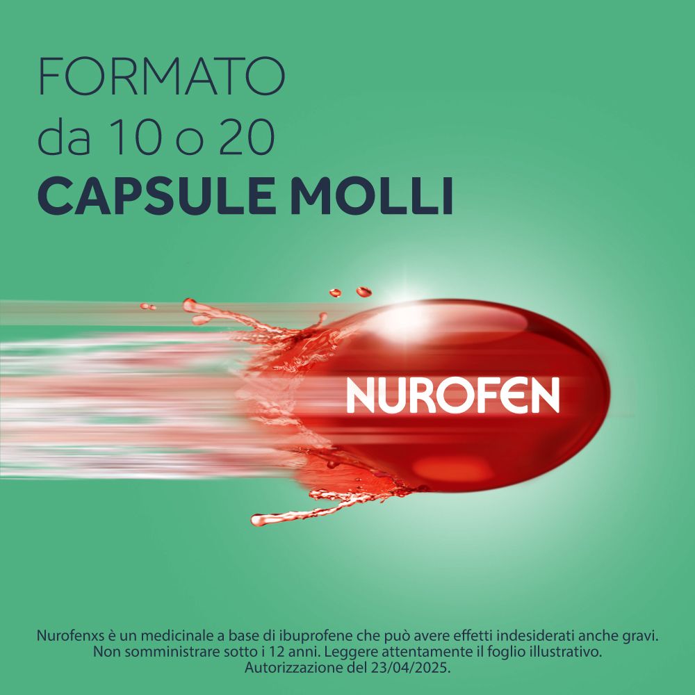 Capsula rossa con testo Nurofen. Testo: Formato 10 o 20 Capsule Molli. Liquido rosso.
