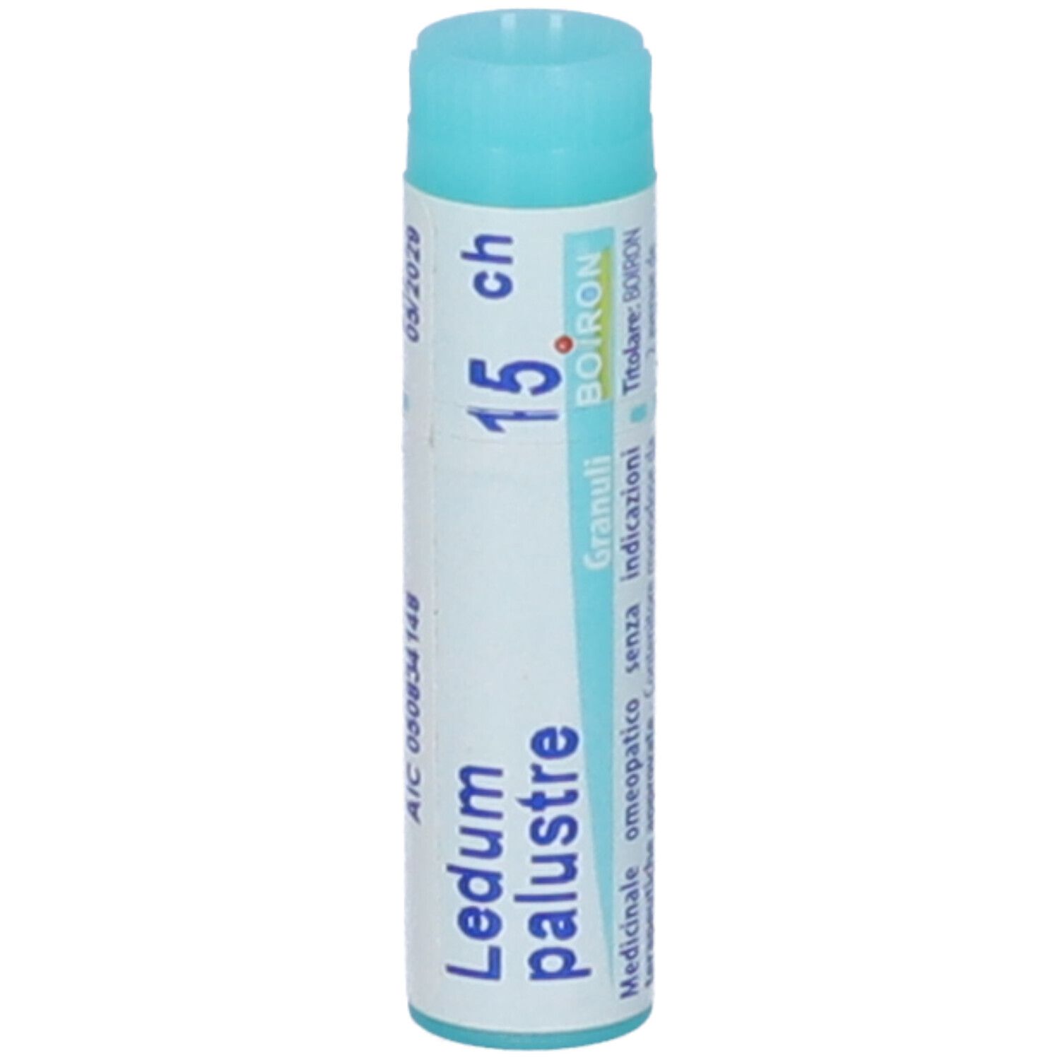 Confezione cilindrica con tappo blu. Scritta: Ledum palustre, 15 ch, Boiron, Granuli.