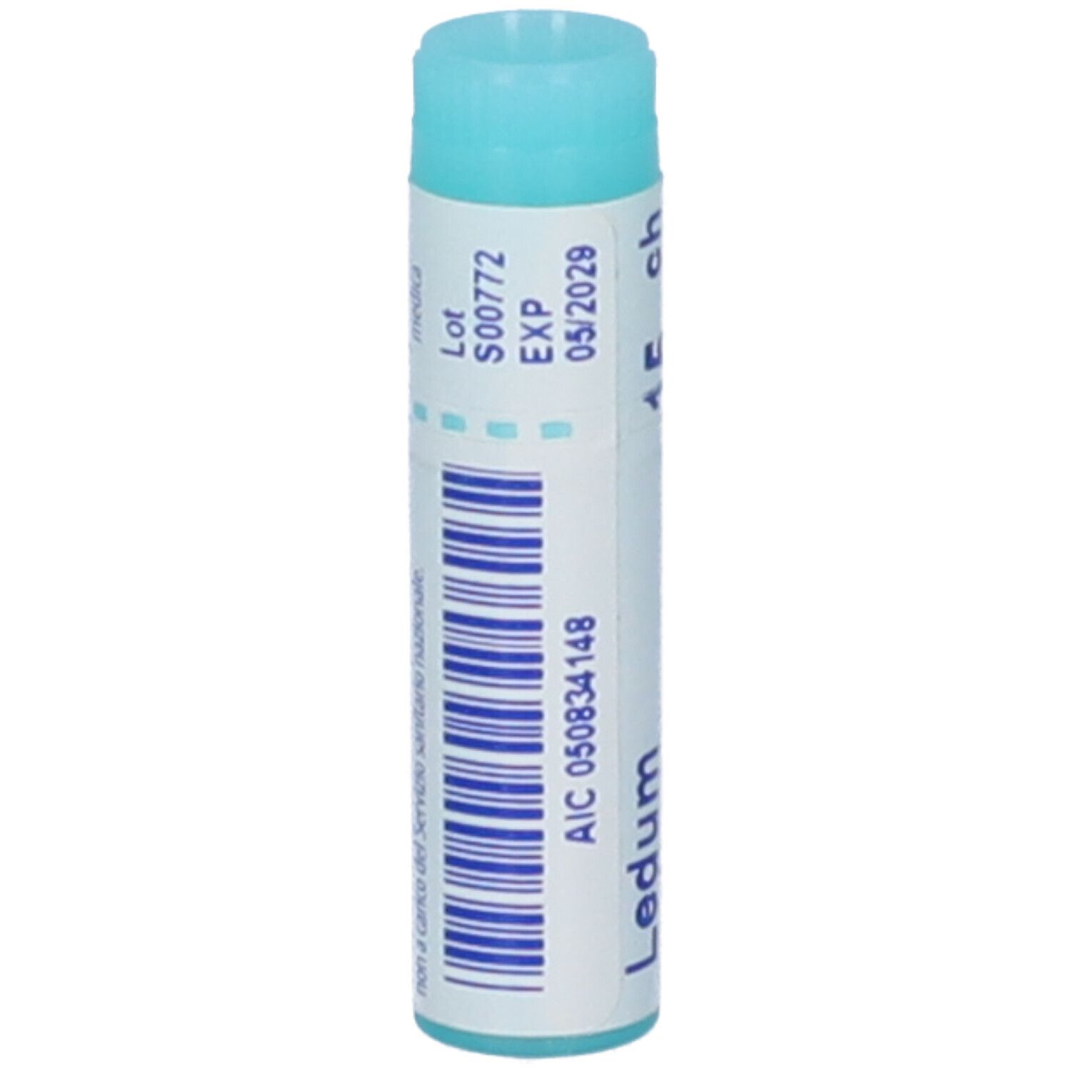 Confezione cilindrica con tappo blu. Codice a barre e testo: Ledum. Scritta: Lot, EXP.