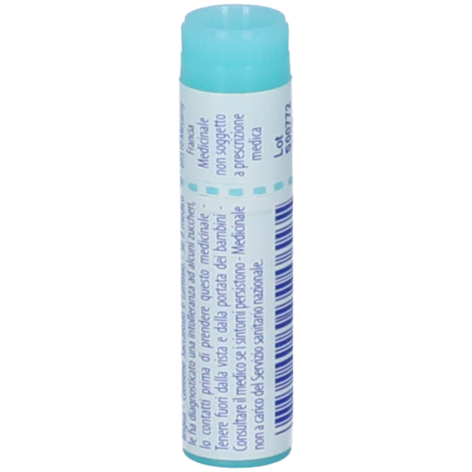 Confezione cilindrica con tappo blu. Testo: Medicinale, non soggetto a prescrizione medica.