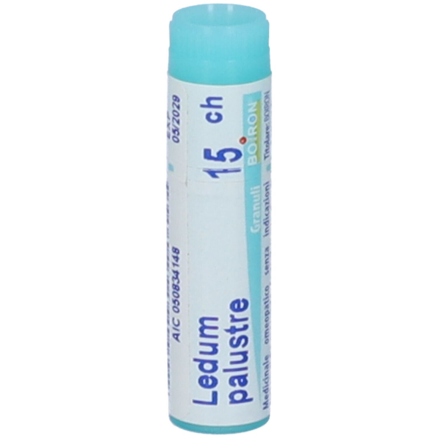 Confezione cilindrica con tappo blu. Scritta: Ledum palustre, 15 ch, Boiron, Granuli.