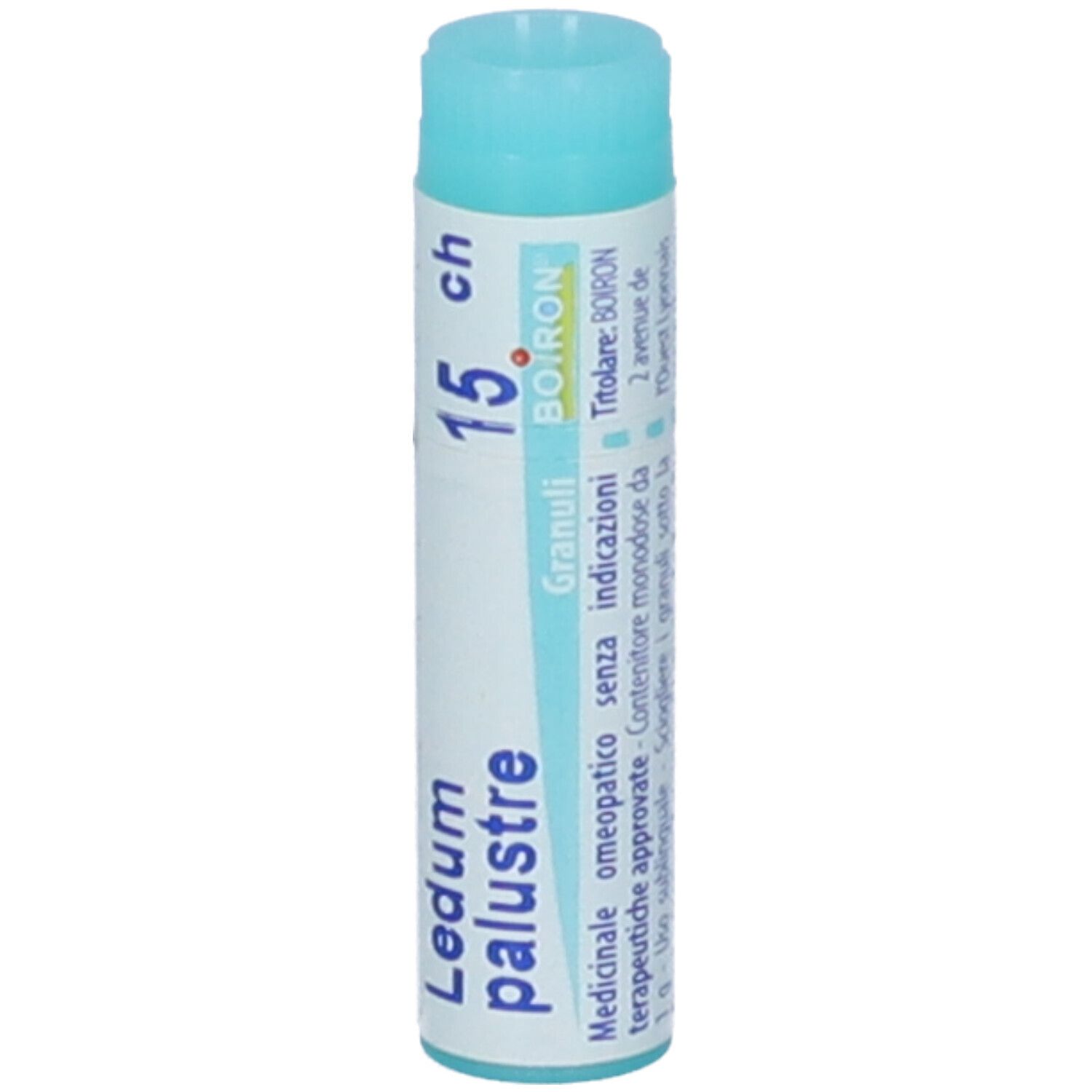 Confezione cilindrica con tappo blu. Scritta: Ledum palustre, 15 ch, Boiron, Granuli.