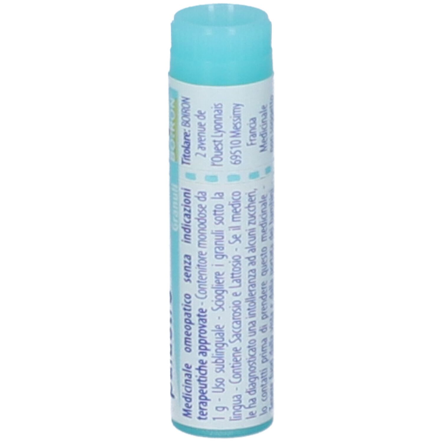 Confezione cilindrica con tappo blu. Testo: Medicinale omeopatico, indicazioni terapeutiche approvate.