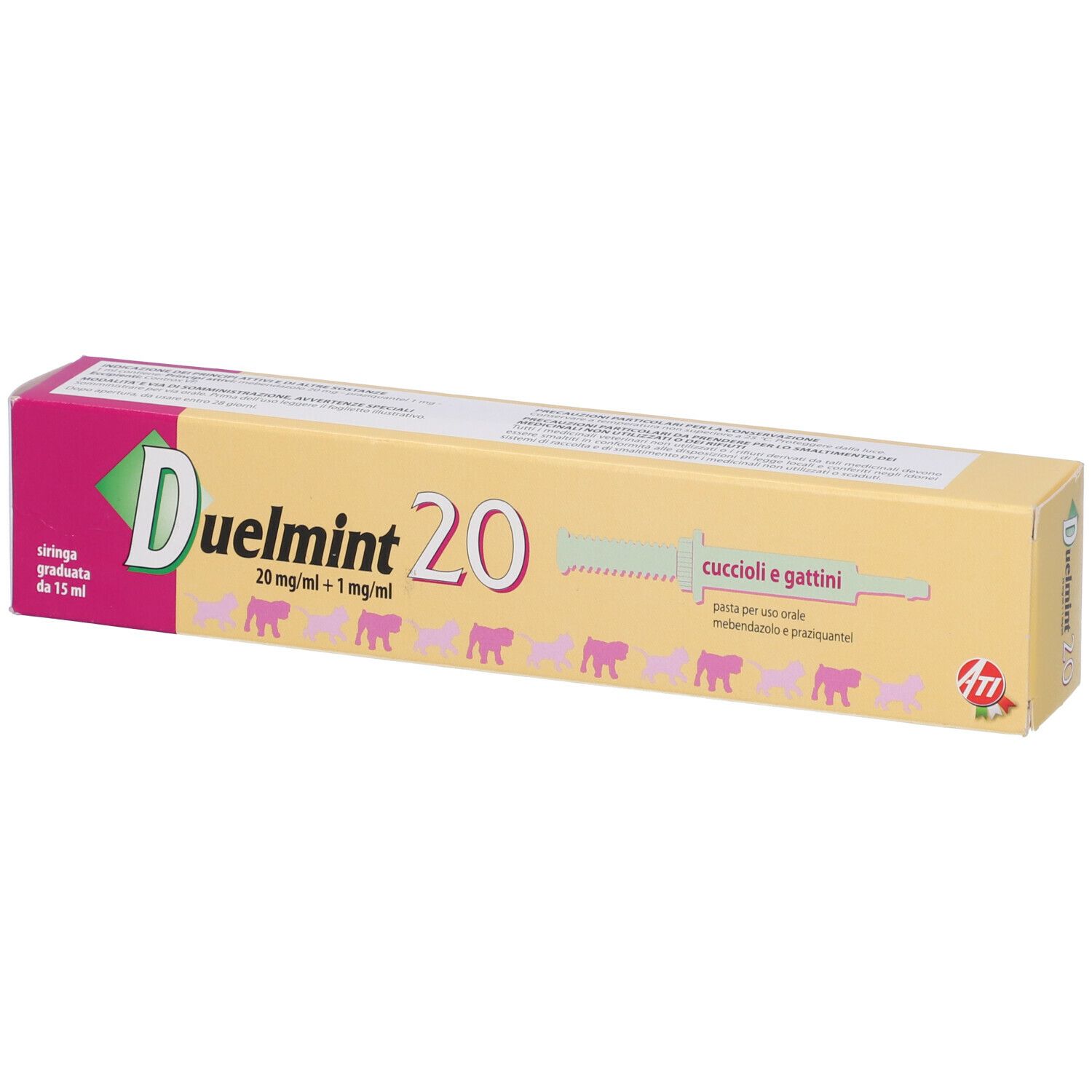 Confezione DUELMINT 20. Scatola rosa e gialla con nome e dosaggio. Include una siringa.