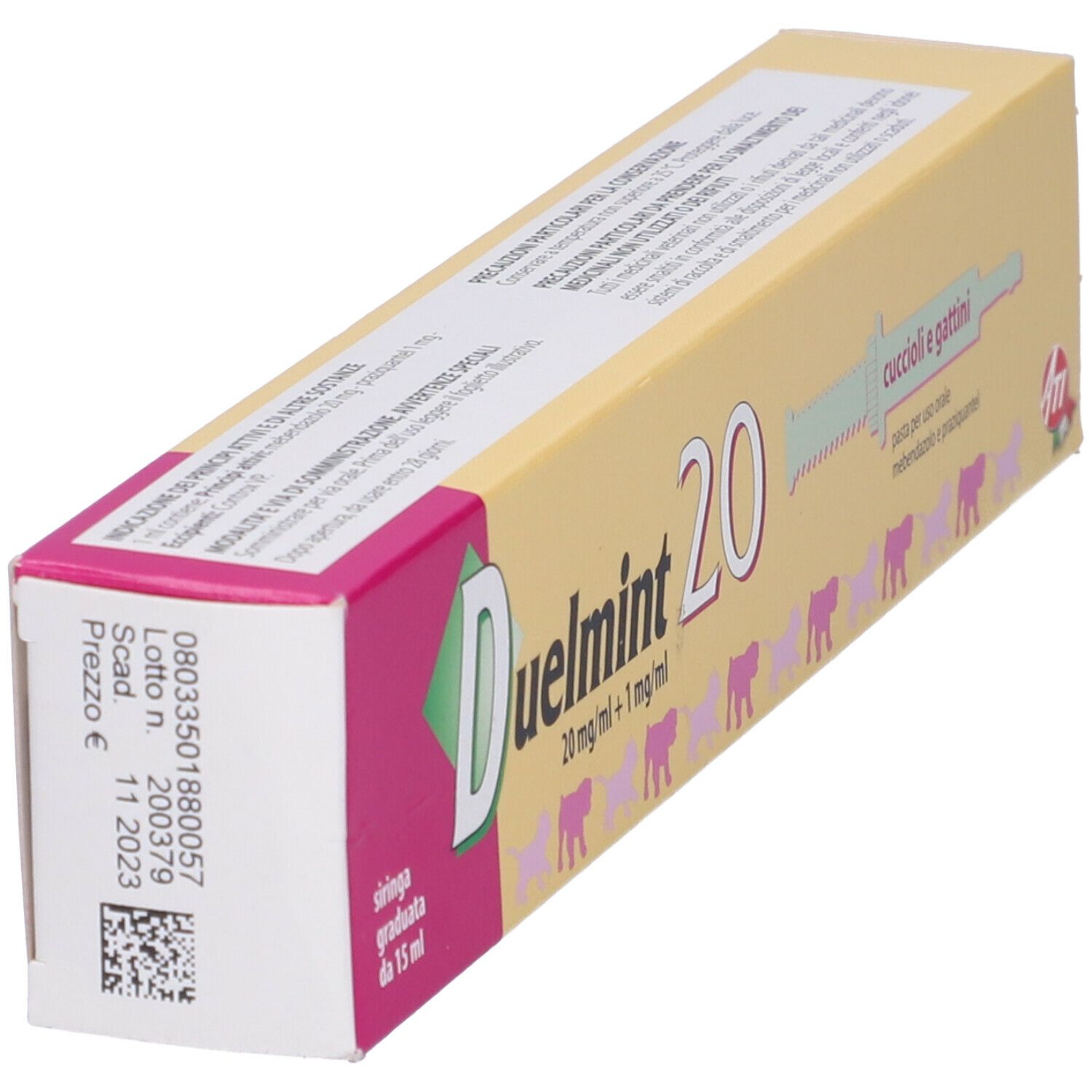 Scatola DUELMINT 20, angolata. Rosa e gialla. Nome e dosaggio visibili. Include una siringa.