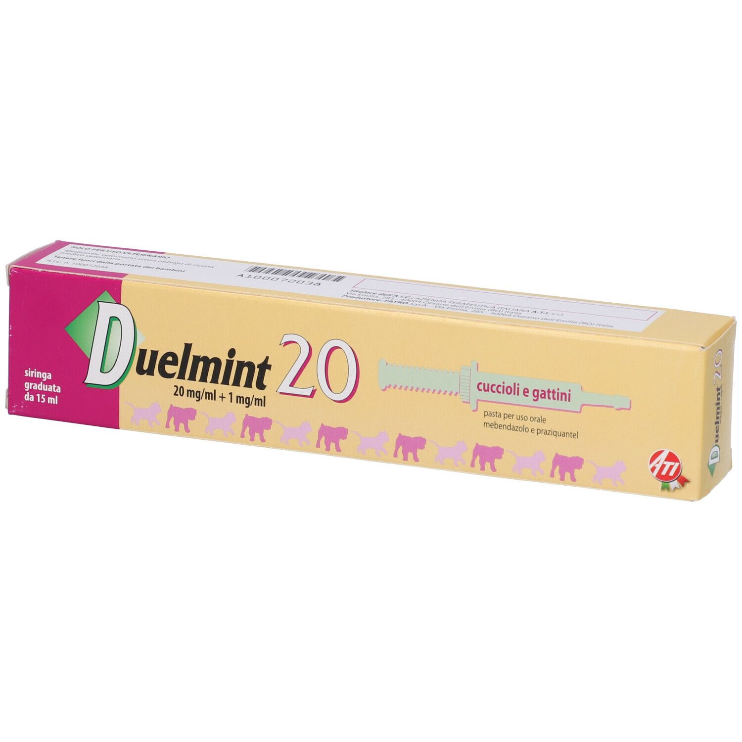Confezione DUELMINT 20. Scatola rosa e gialla con nome e dosaggio. Include una siringa.