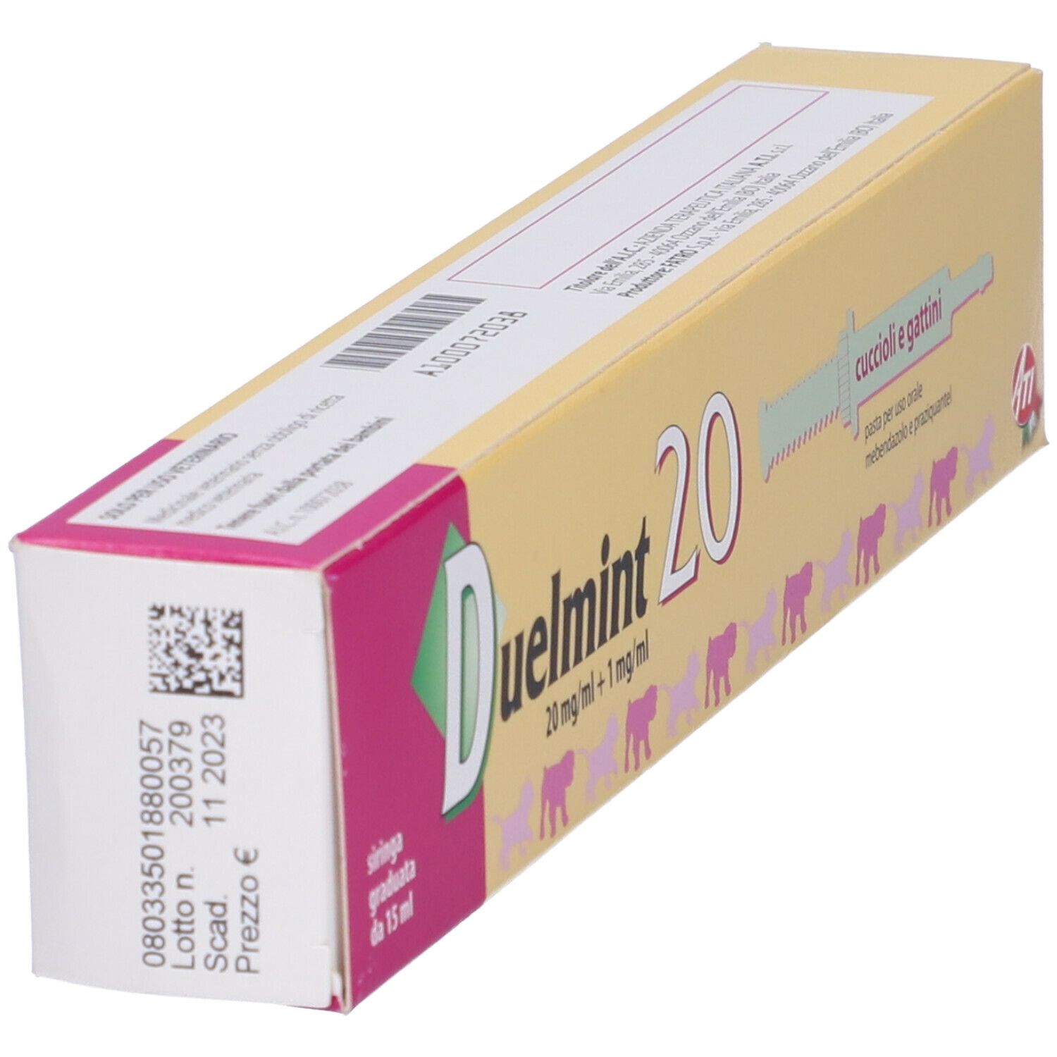 Scatola DUELMINT 20, angolata. Rosa e gialla. Nome e dosaggio visibili. Include una siringa.