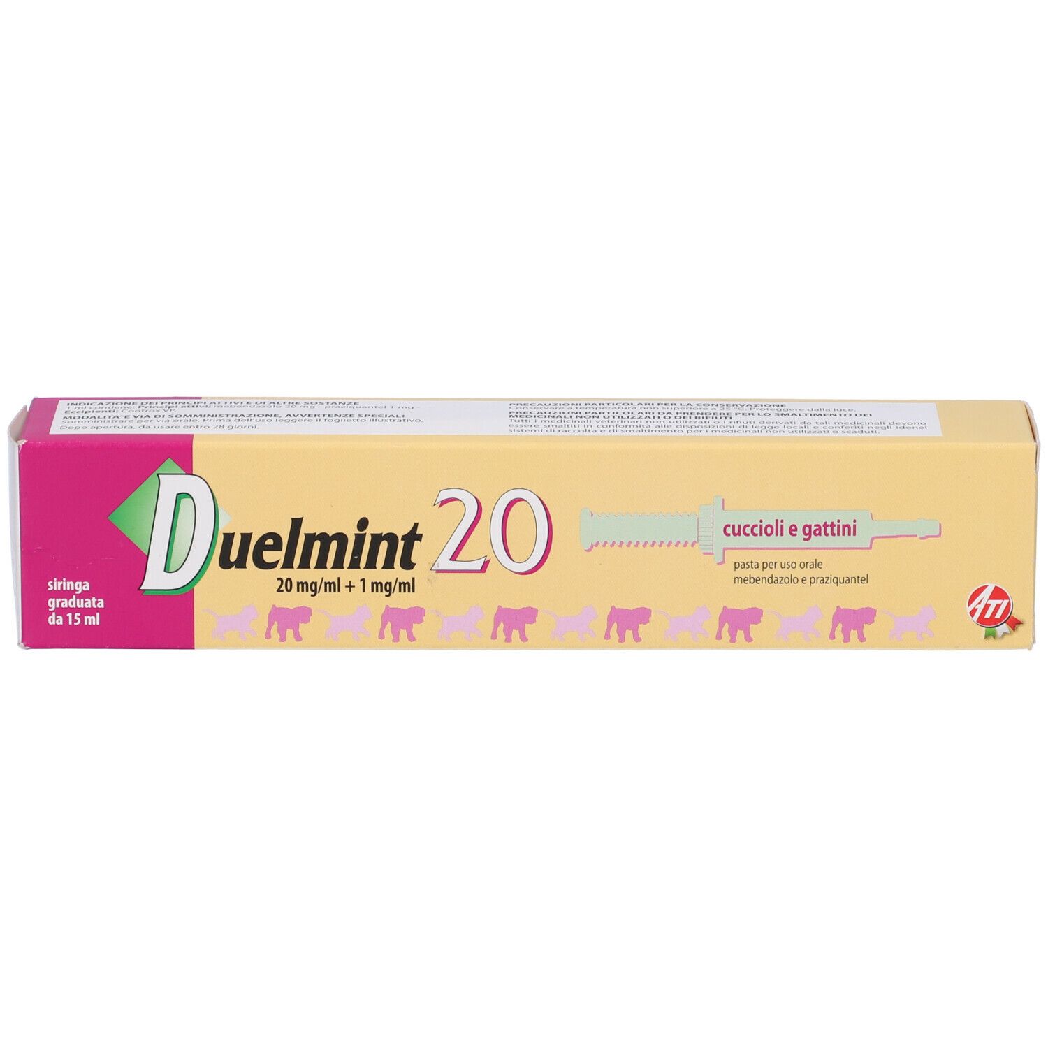 Confezione DUELMINT 20. Scatola rosa e gialla con nome e dosaggio. Include una siringa.