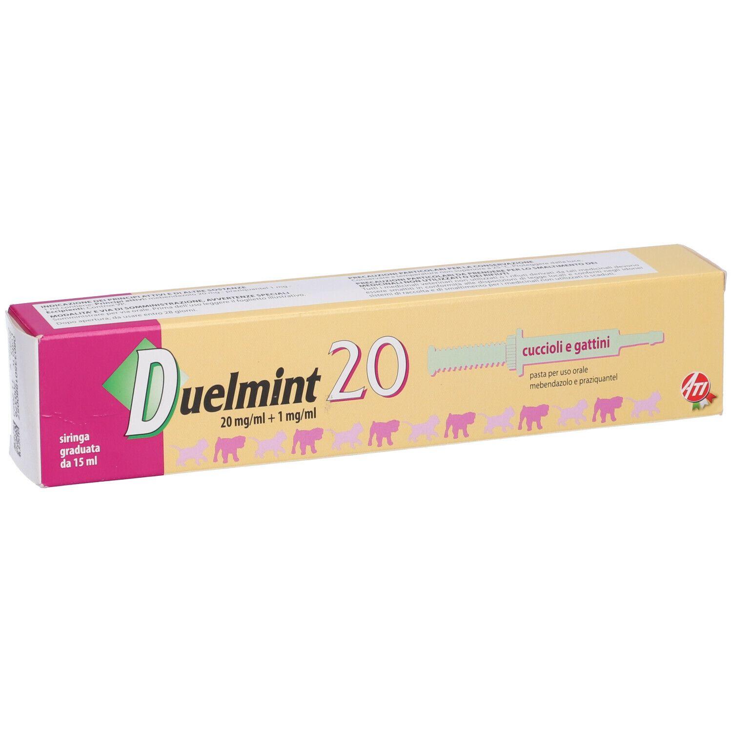 Confezione DUELMINT 20. Scatola rosa e gialla con nome e dosaggio. Include una siringa.