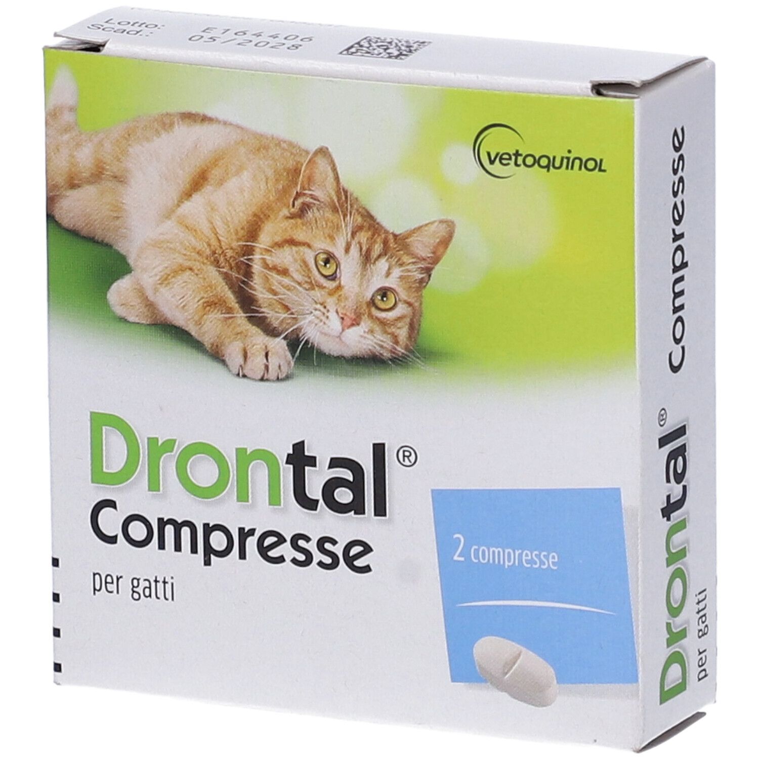 Scatola "Drontal Compresse" per gatti. Logo Vetoquinol. Due compresse raffigurate. Confezione verde e bianca con immagine di gatto.