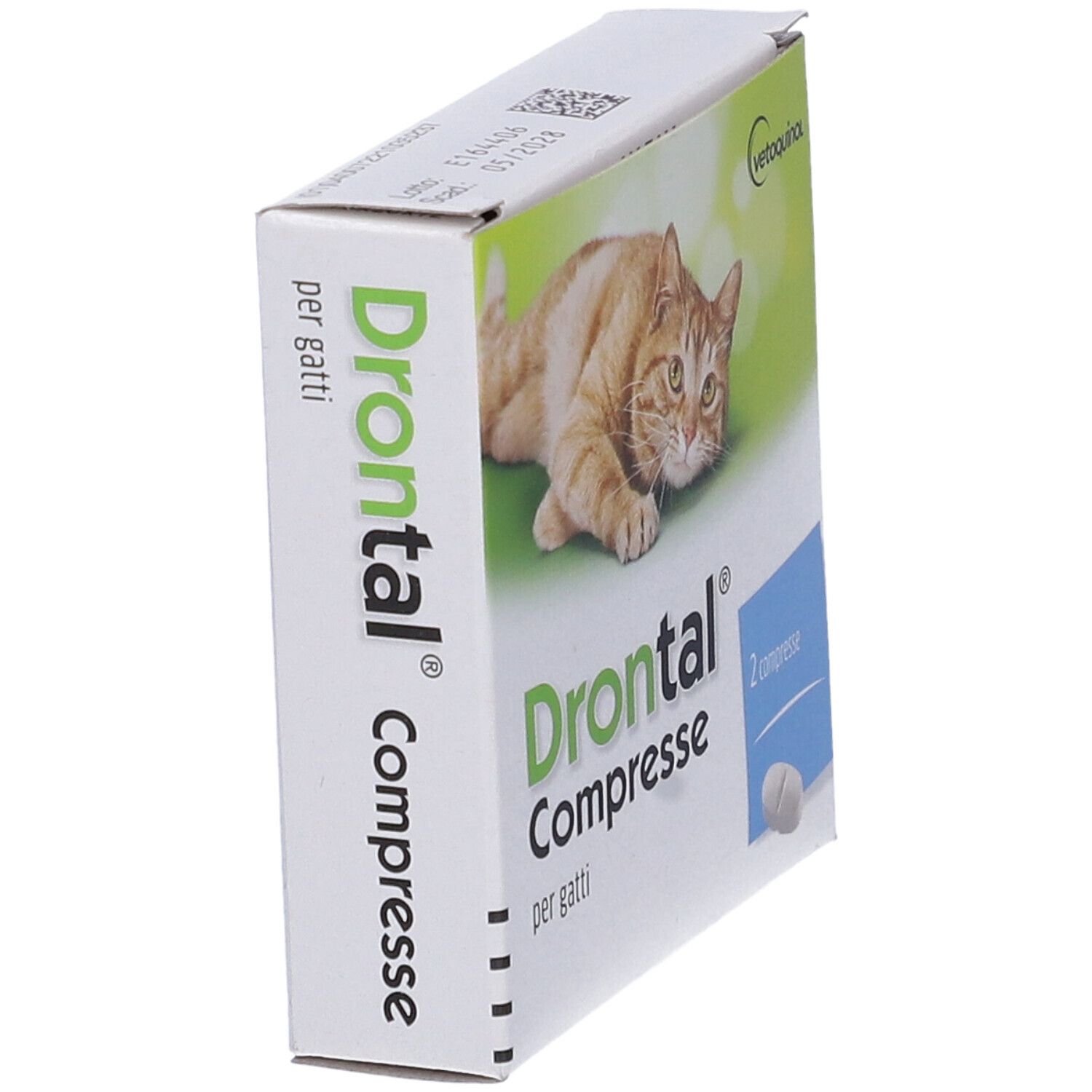 Scatola "Drontal Compresse" per gatti. Logo Vetoquinol. Due compresse raffigurate. Confezione verde e bianca con immagine di gatto.