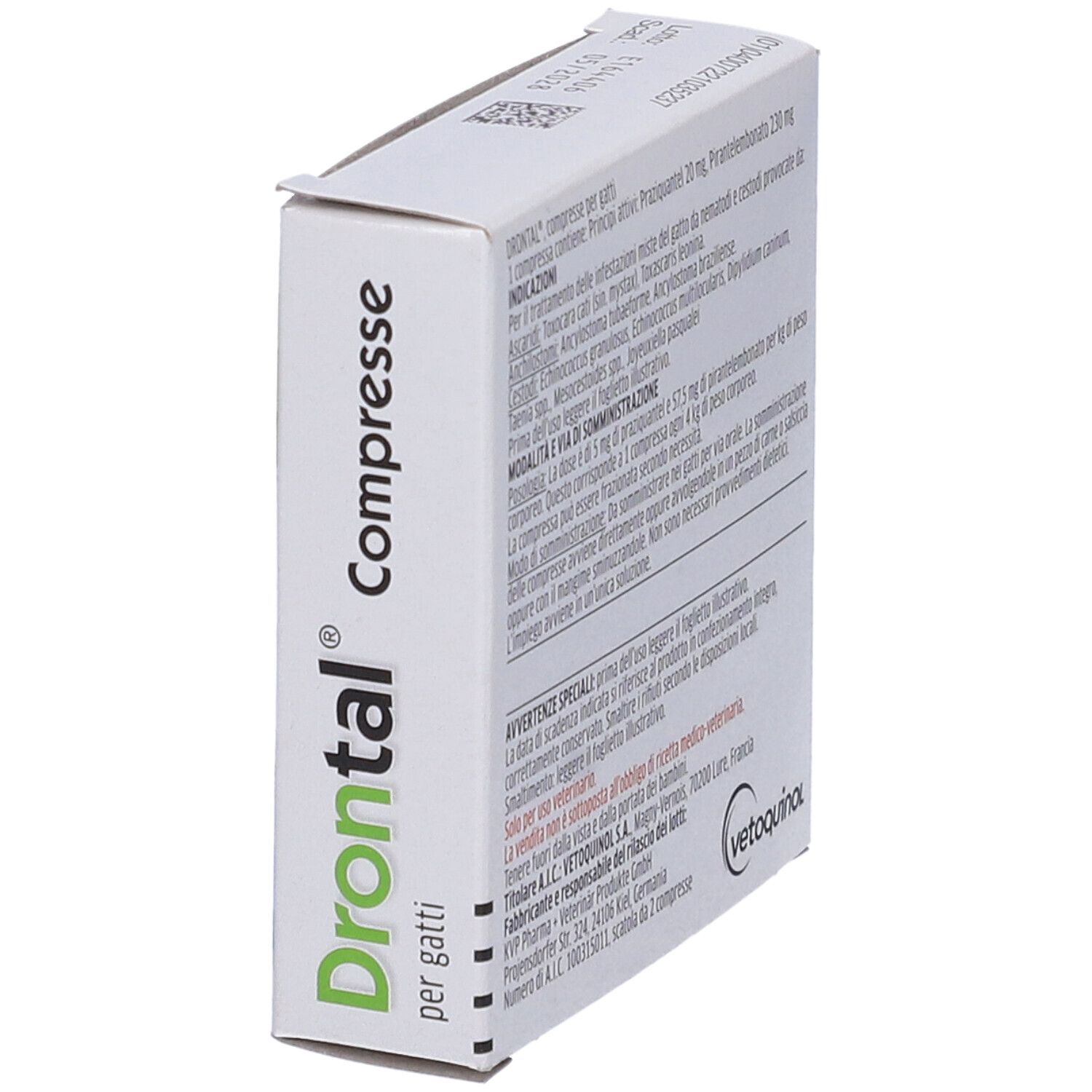 Vista laterale della scatola "Drontal Compresse" per gatti. Informazioni testuali. Logo Vetoquinol.