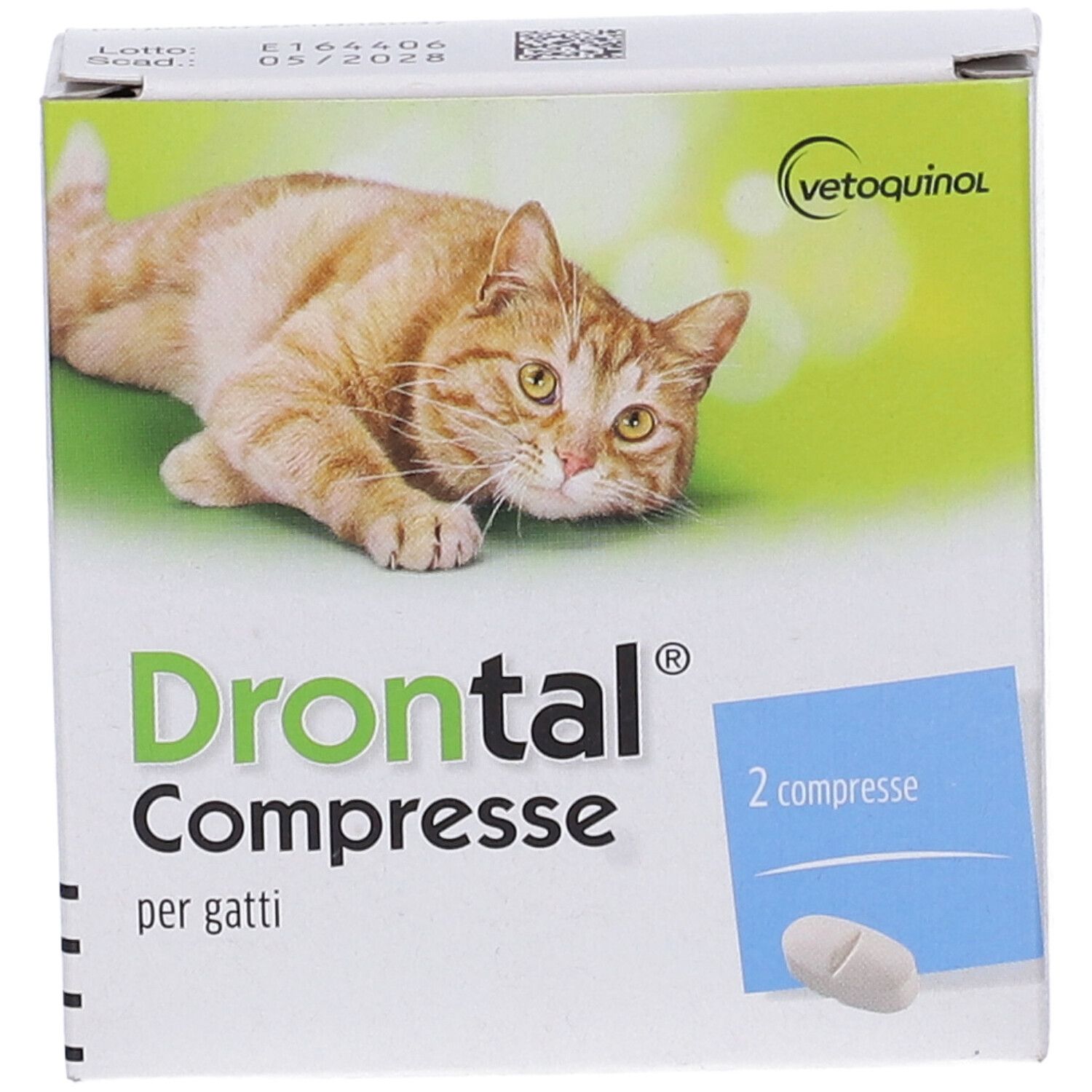 Scatola "Drontal Compresse" per gatti. Logo Vetoquinol. Due compresse raffigurate. Confezione verde e bianca con immagine di gatto.