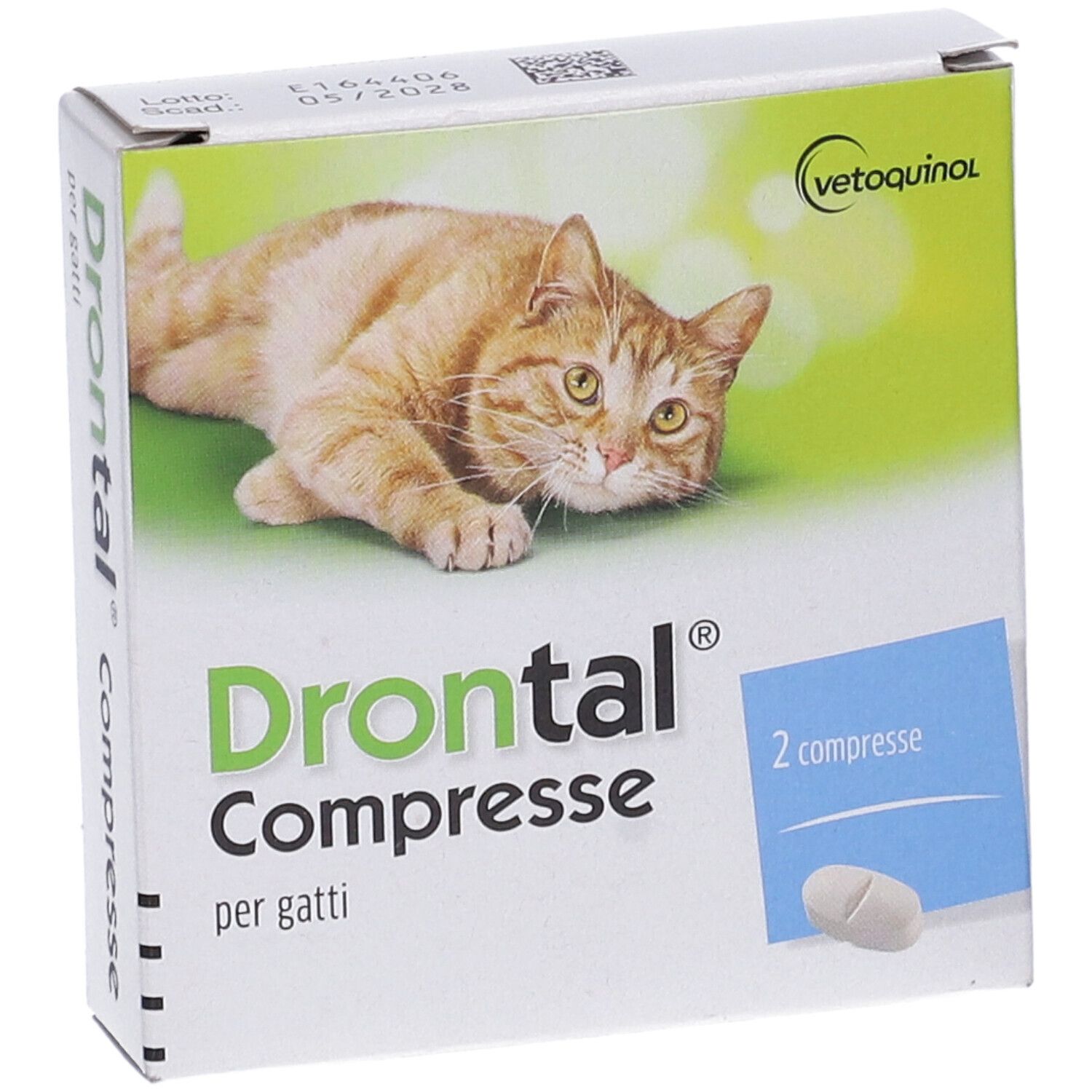 Scatola "Drontal Compresse" per gatti. Logo Vetoquinol. Due compresse raffigurate. Confezione verde e bianca con immagine di gatto.