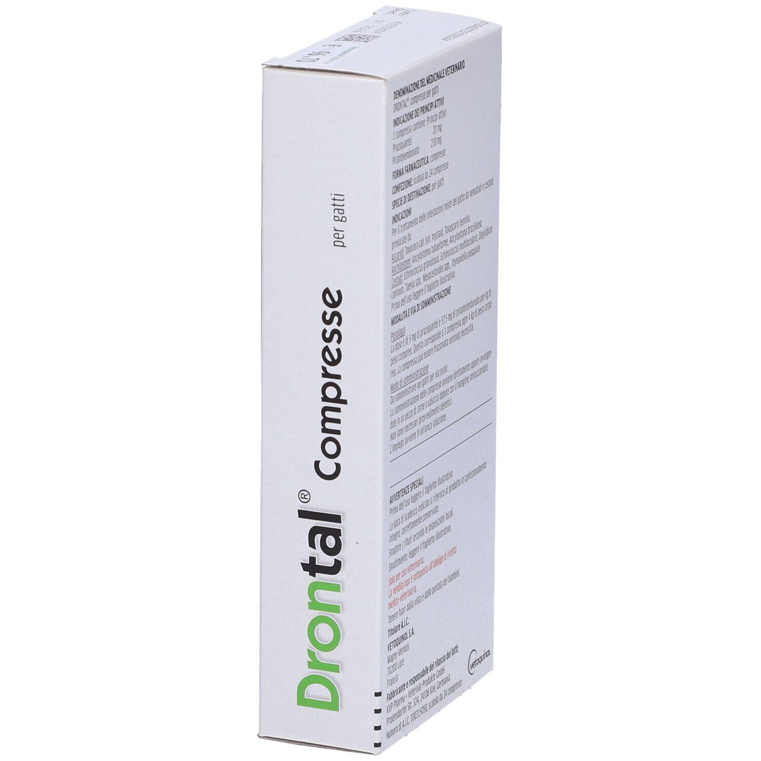 Vista laterale della scatola Drontal Compresse Per Gatti. Testo con ingredienti e istruzioni.