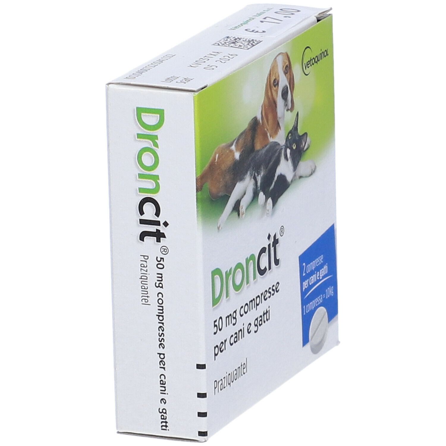 Scatola Droncit inclinata. Immagine cane e gatto. Compresse 50 mg per cani e gatti. Riquadro blu con compressa.