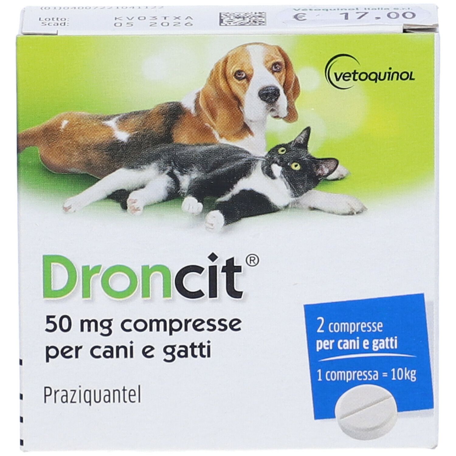 Scatola Droncit per cani e gatti. Contiene compresse da 50 mg. Immagine di cane e gatto. Riquadro blu con compressa.