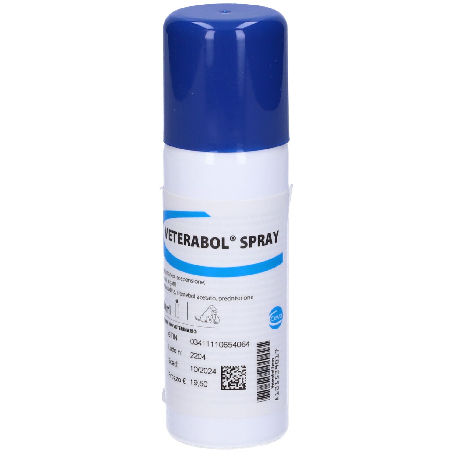 Flacone spray bianco con tappo blu. Scritta: VETERABOL® SPRAY. Contiene informazioni sugli ingredienti e la data di scadenza.