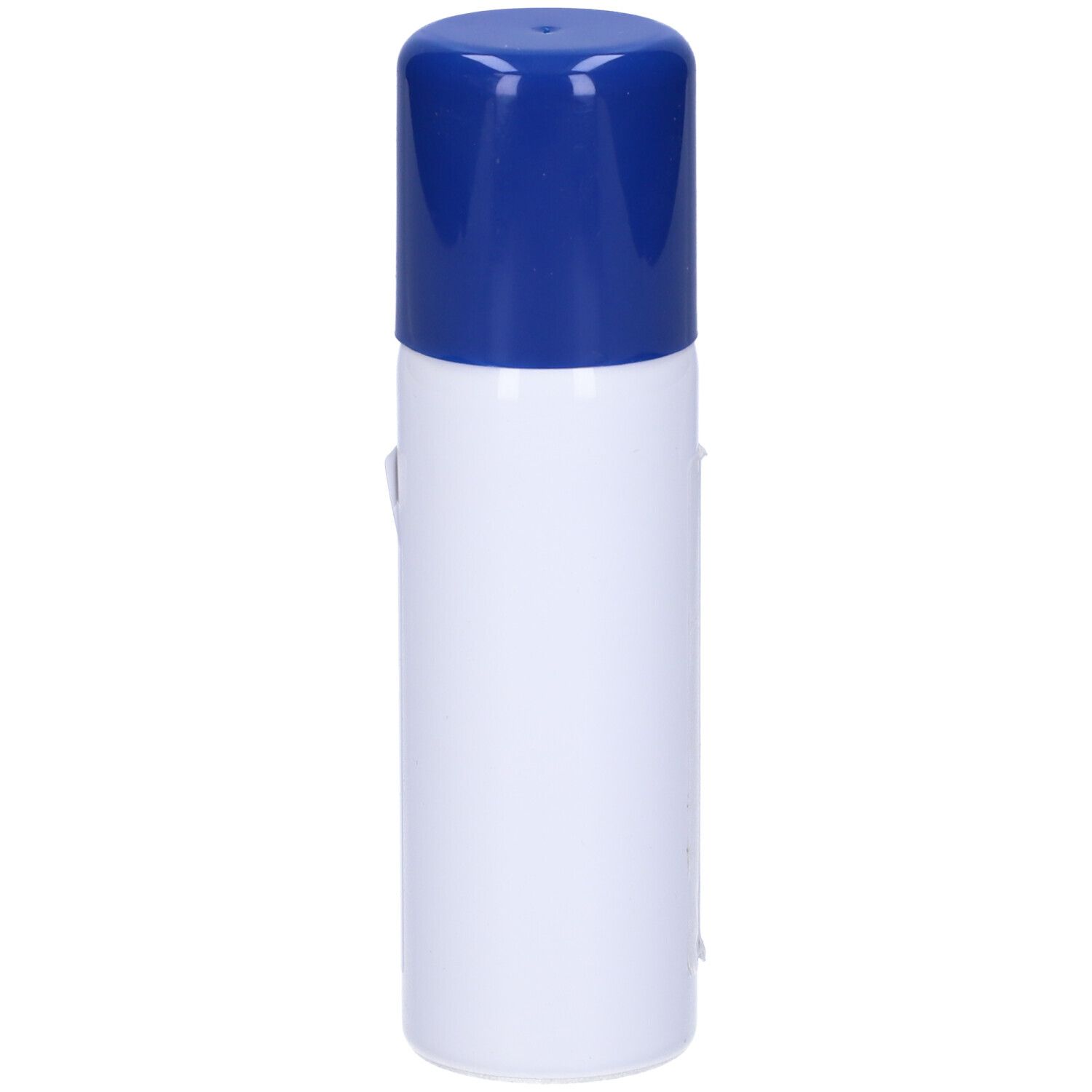 Flacone spray bianco con tappo blu. Il flacone è cilindrico e ha un tappo blu.
