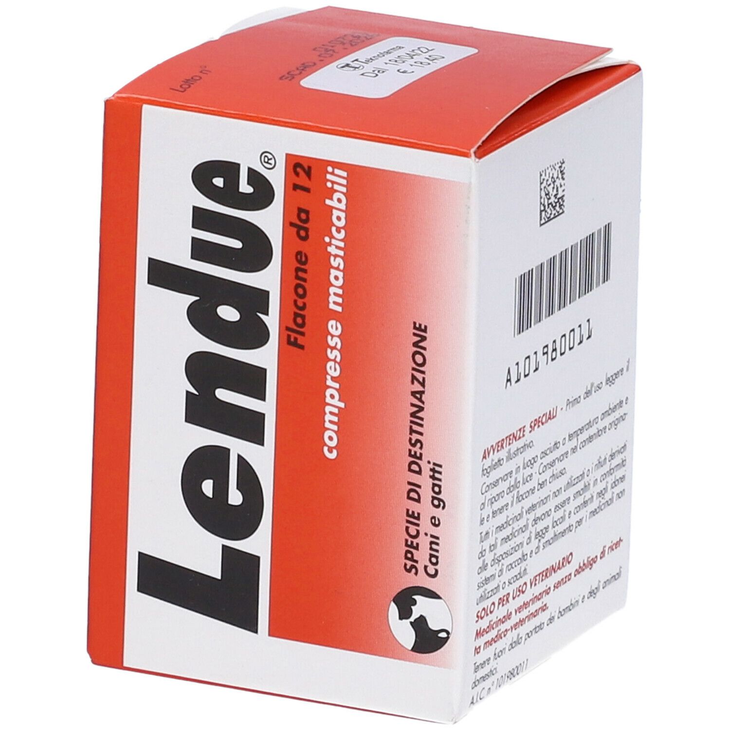 Scatola rossa e bianca. Scritta: Lendue, Flacone da 12, compresse masticabili, per cani e gatti.