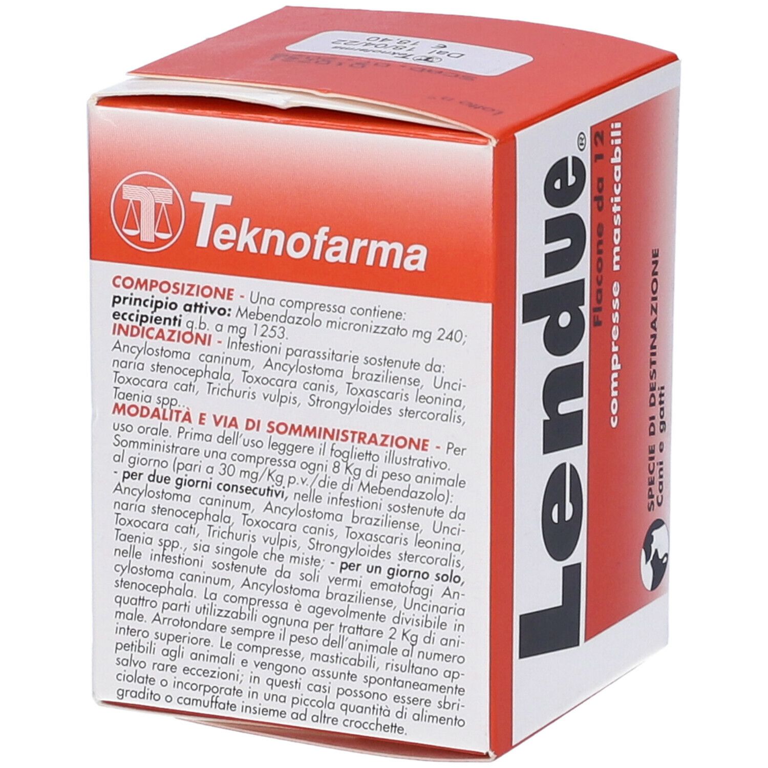 Scatola rossa e bianca. Scritta: Lendue, Flacone da 12, compresse masticabili, per cani e gatti.