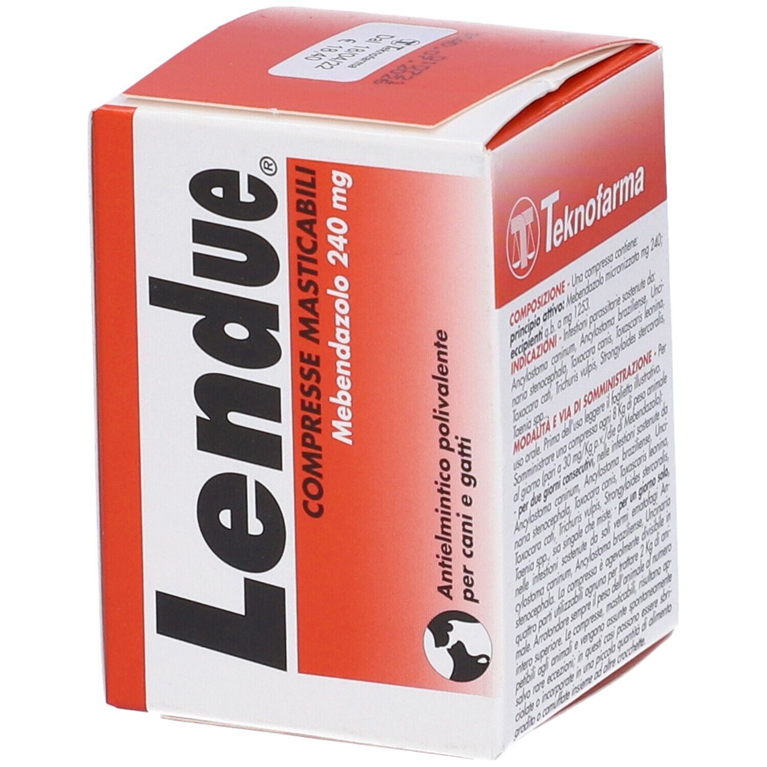 Scatola rossa e bianca. Scritta: Lendue, compresse masticabili, Mebendazolo 240 mg, per cani e gatti.