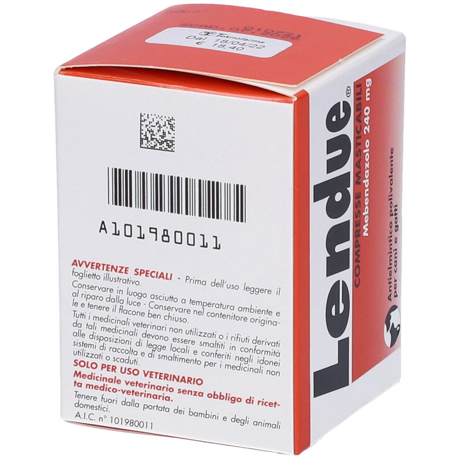 Scatola rossa e bianca. Scritta: Lendue, compresse masticabili, Mebendazolo 240 mg, per cani e gatti.