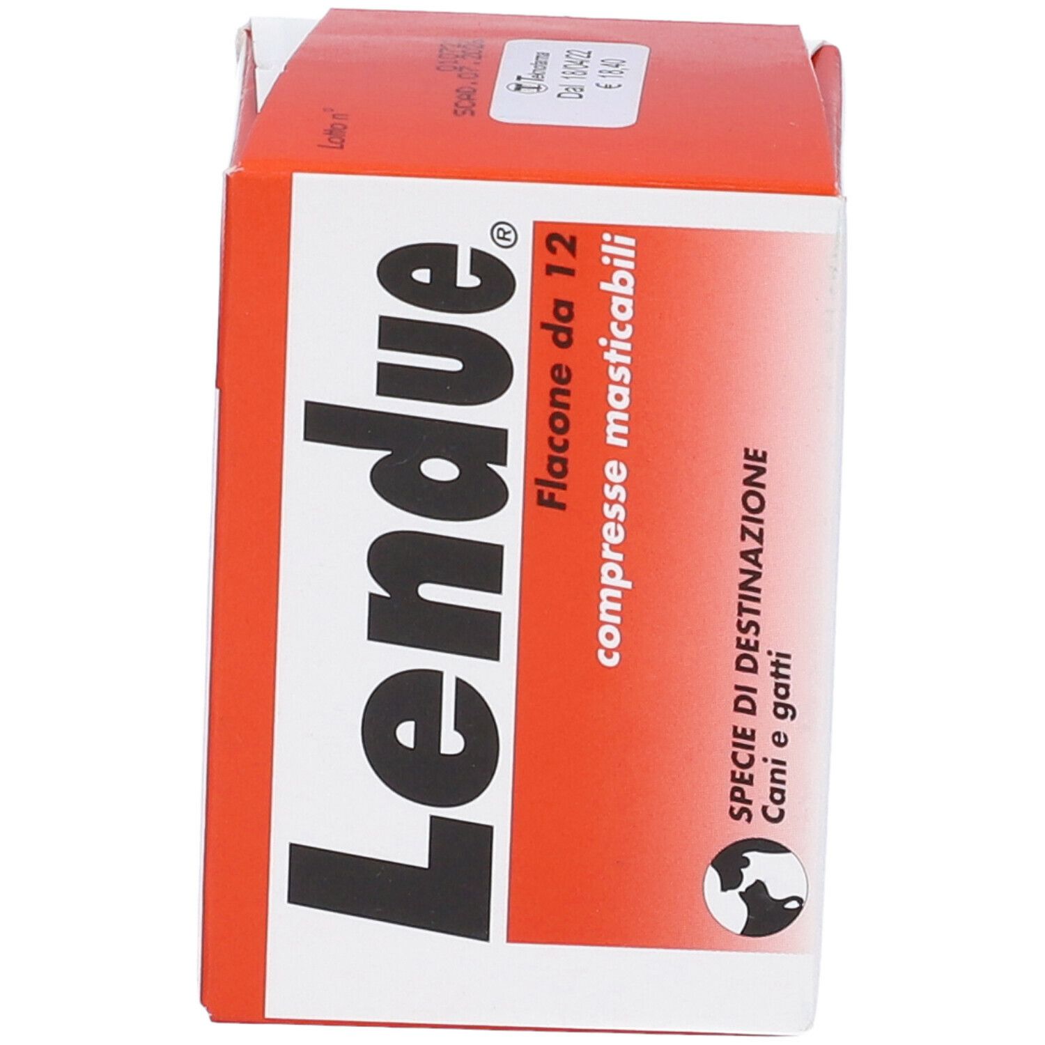 Scatola rossa e bianca. Scritta: Lendue, Flacone da 12, compresse masticabili, per cani e gatti.