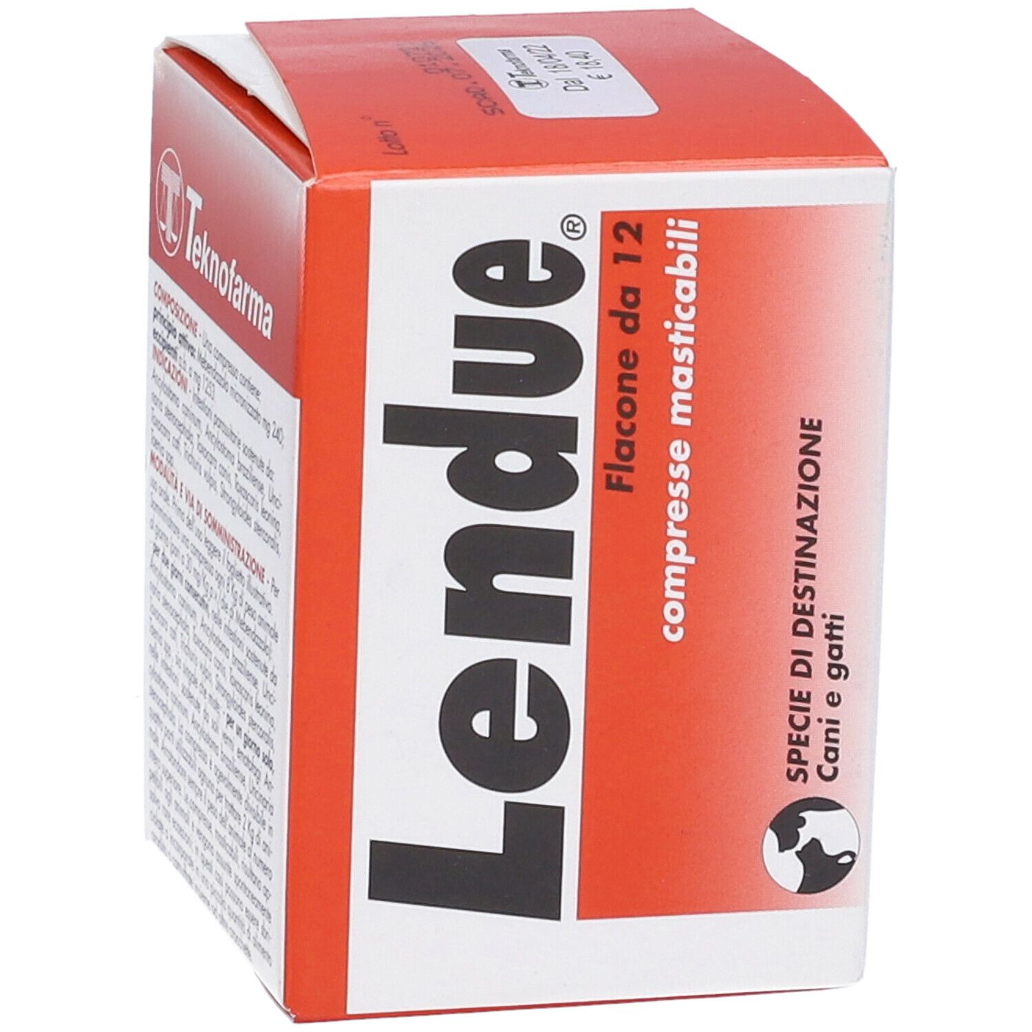Scatola rossa e bianca. Scritta: Lendue, Flacone da 12, compresse masticabili, per cani e gatti.