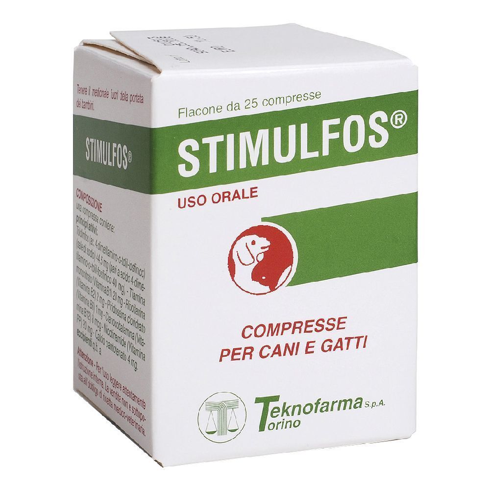 Scatola bianca e verde. Scritta STIMULFOS, logo cane. Testo: Compresse per cani e gatti. Flacone da 25 compresse. Uso orale.