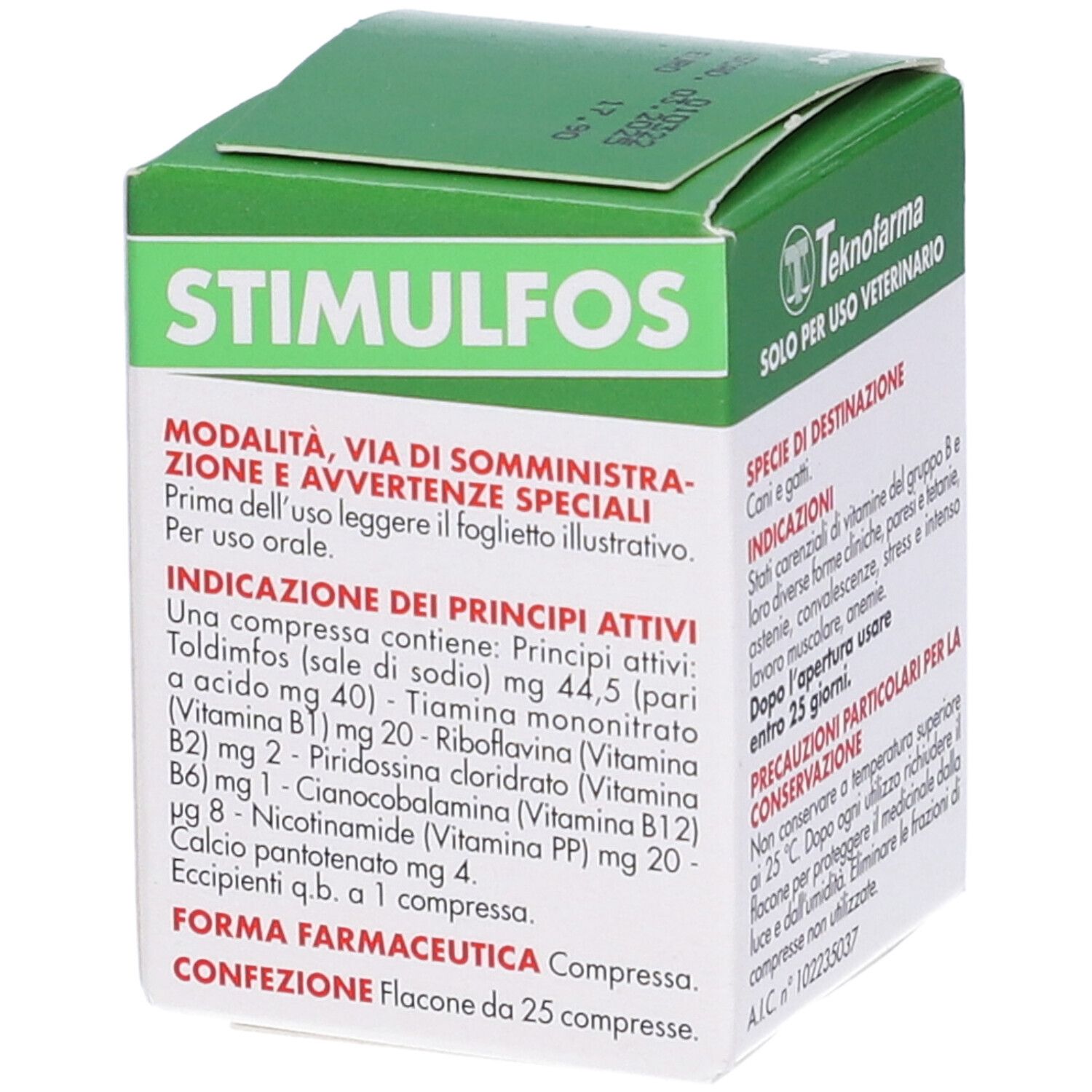 Scatola bianca e verde. Scritta STIMULFOS. Testo: Modo d'uso, Indicazioni dei principi attivi, Forme farmaceutica Compressa.