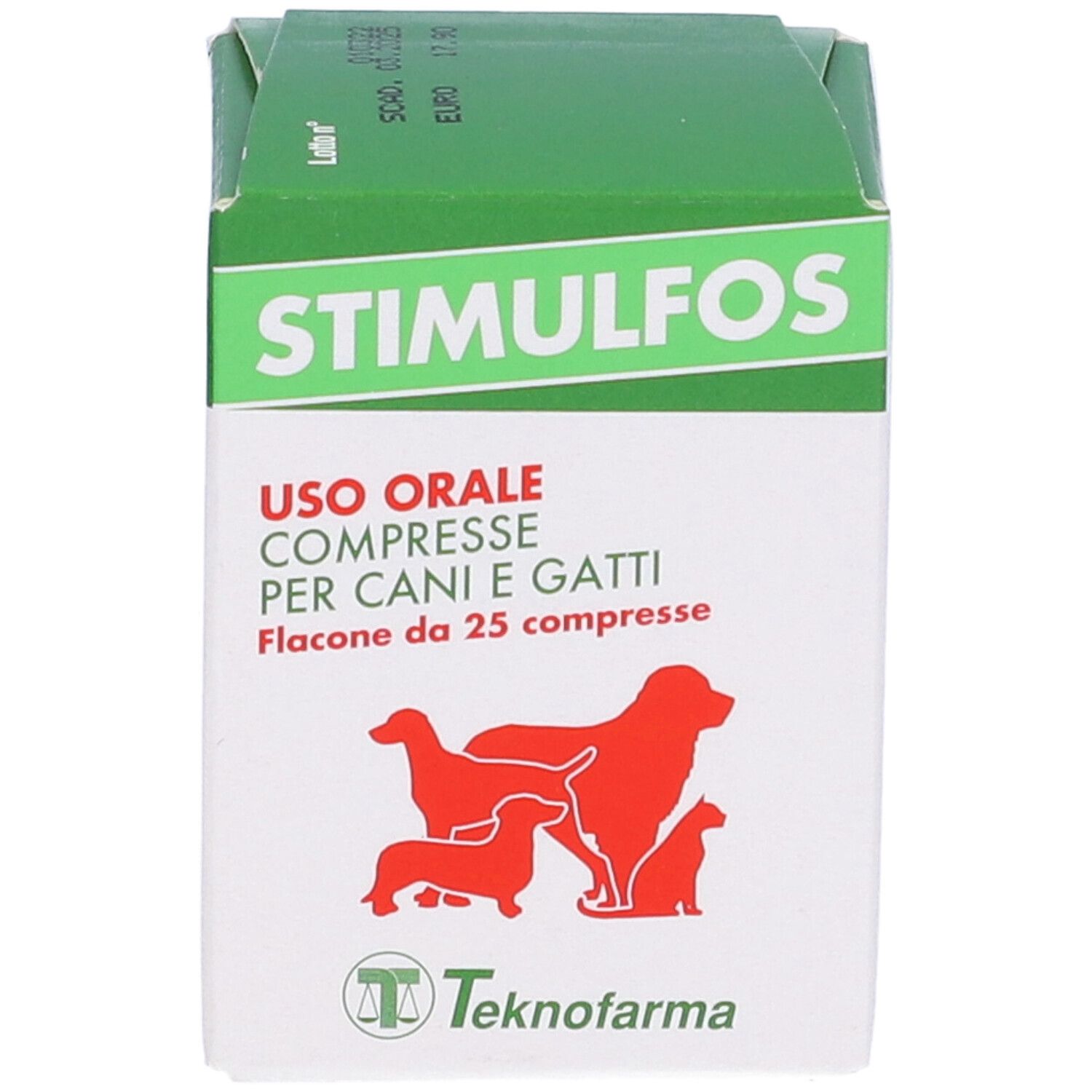 Scatola bianca e verde. Scritta STIMULFOS, logo cani. Testo: Uso orale, Compresse per cani e gatti. Flacone da 25 compresse.