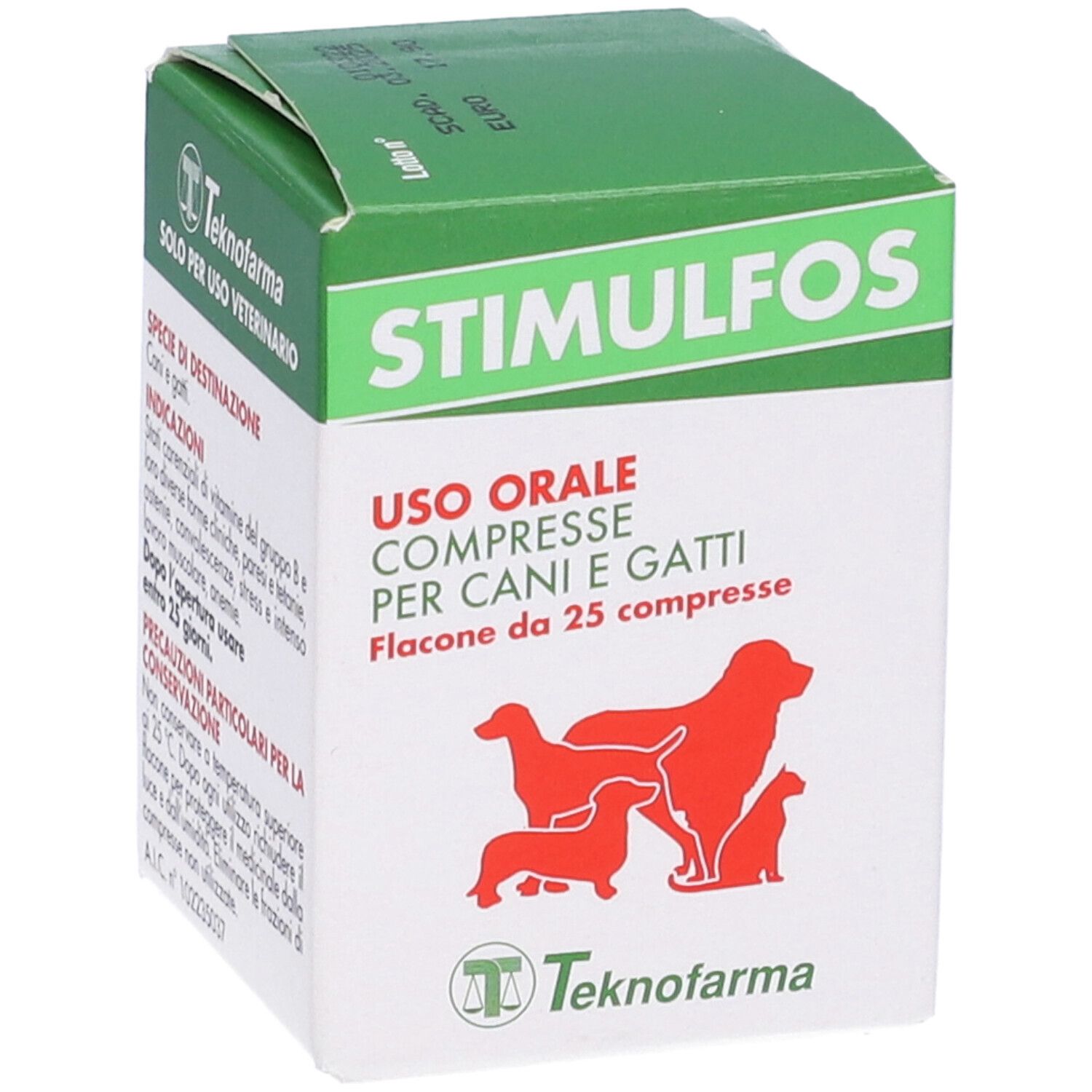 Scatola bianca e verde. Scritta STIMULFOS, logo cani. Testo: Uso orale, Compresse per cani e gatti. Flacone da 25 compresse.